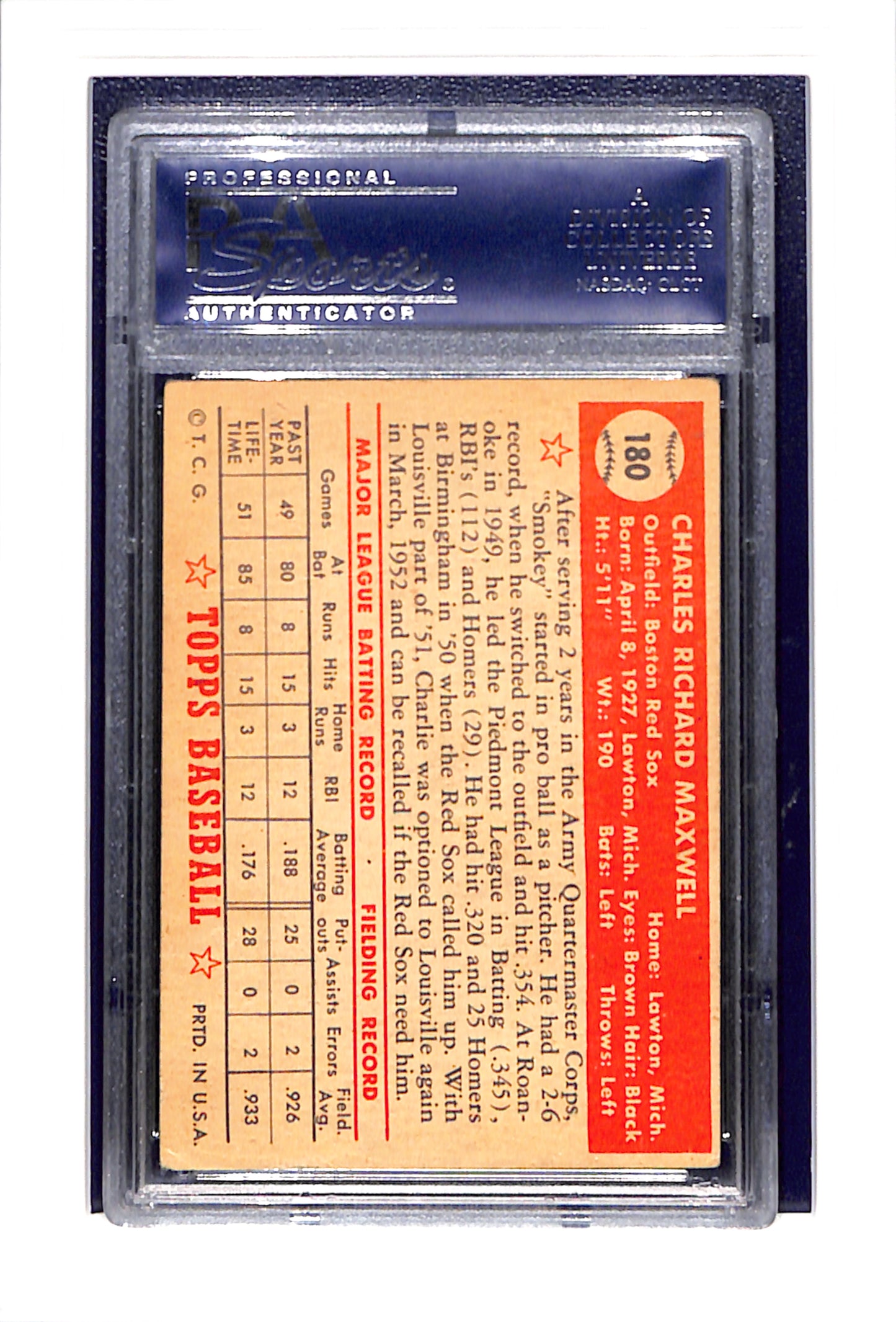 1952 Topps #180 Charley Maxwell PSA 2 SN 21897682 AUTO ON CARD PSA DNA