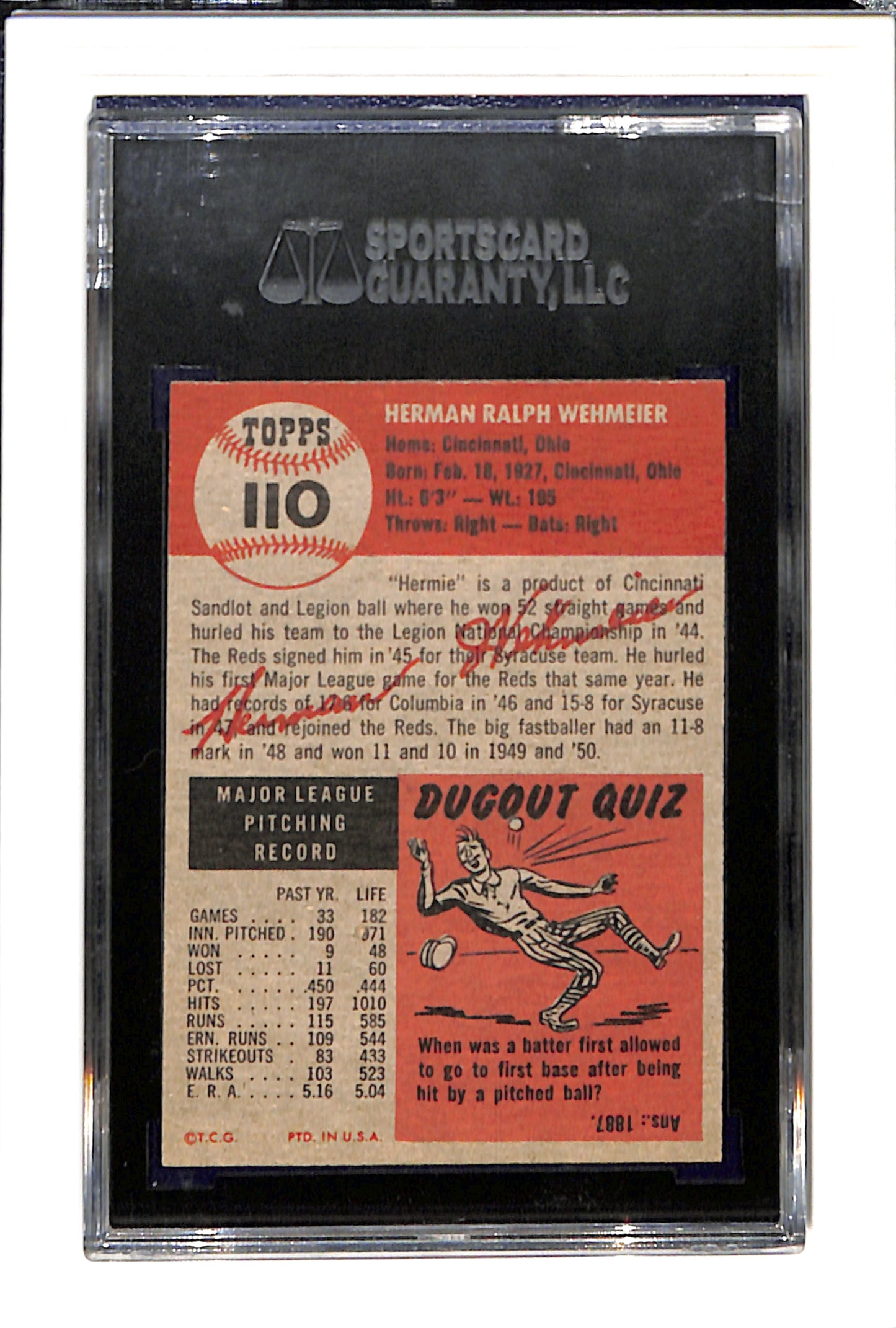 1953 Topps #110 Herm Wehmeier - Cincinnati Reds DP SGC 7 SN 1368582