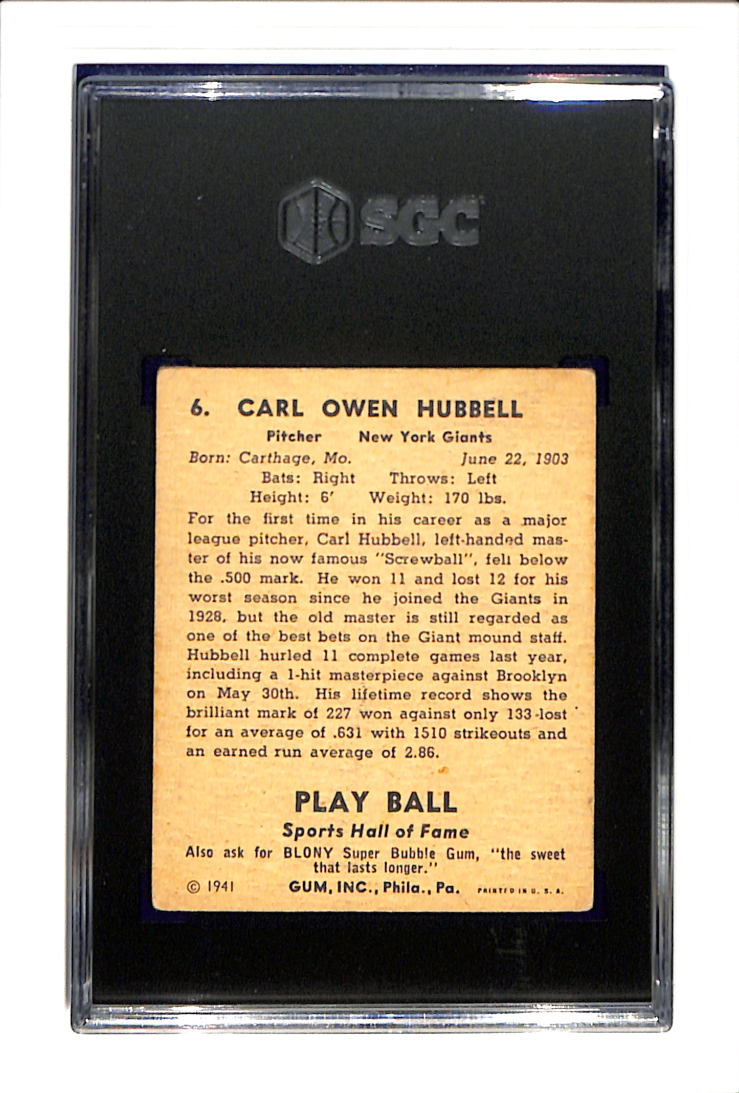 1941 Playball #6 Carl Hubbell SGC 2 SN 4808334
