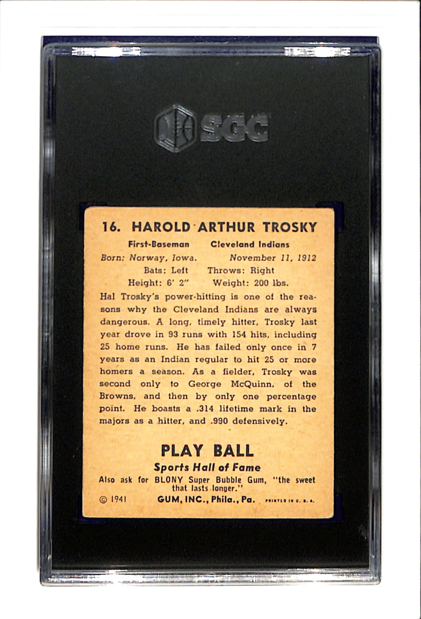 1941 Play Ball #16 Hal Trosky SGC 4.5 SN 6432996