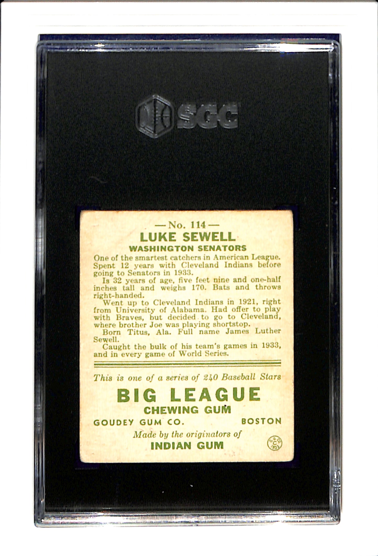 1933 Goudey #114 Luke Sewell SGC 2 SN 7205178