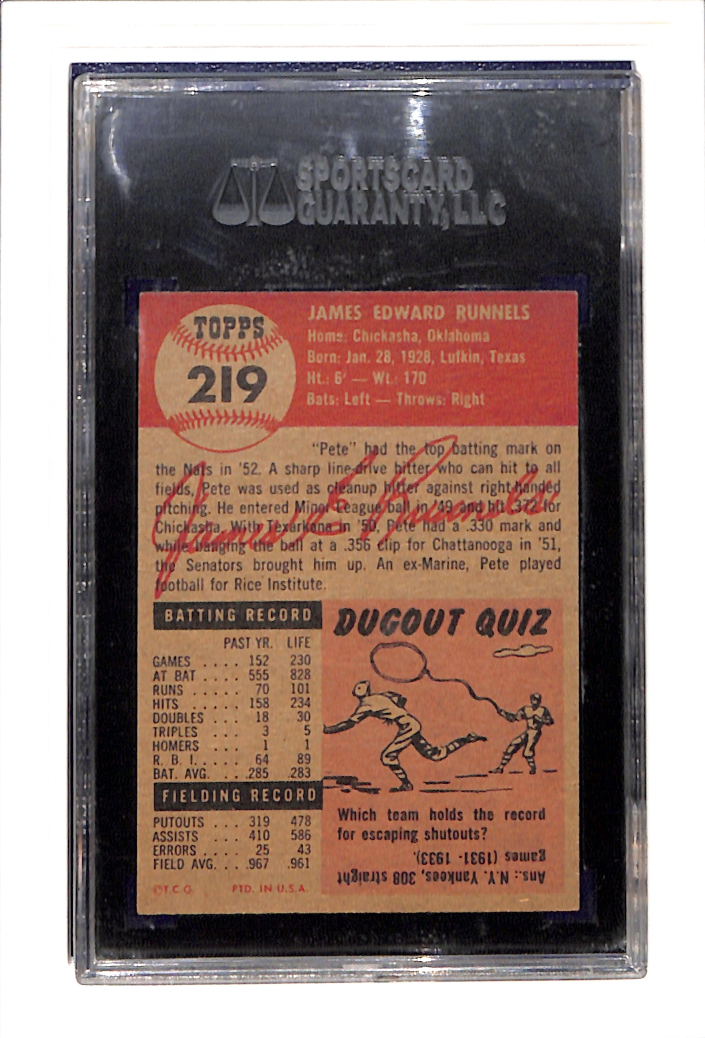 1953 Topps #219 Pete Runnels - Washington Senators SGC 5.5