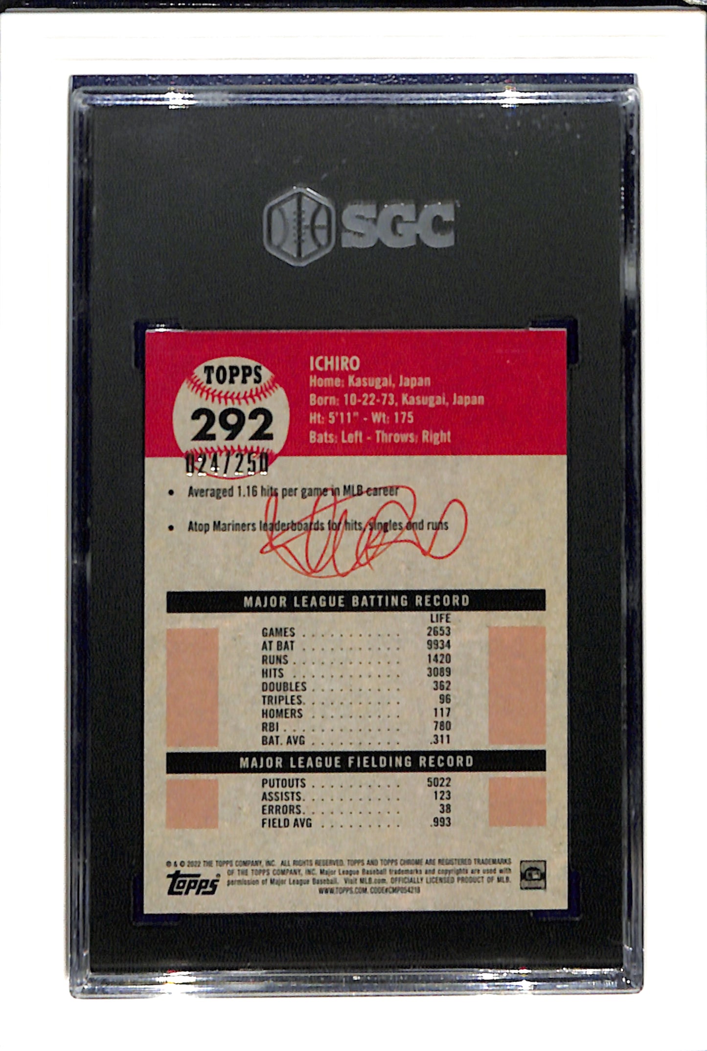 2022 Topps Chrome Platinum Anniversary #292 Ichiro Suzuki SGC 9.5 24/250