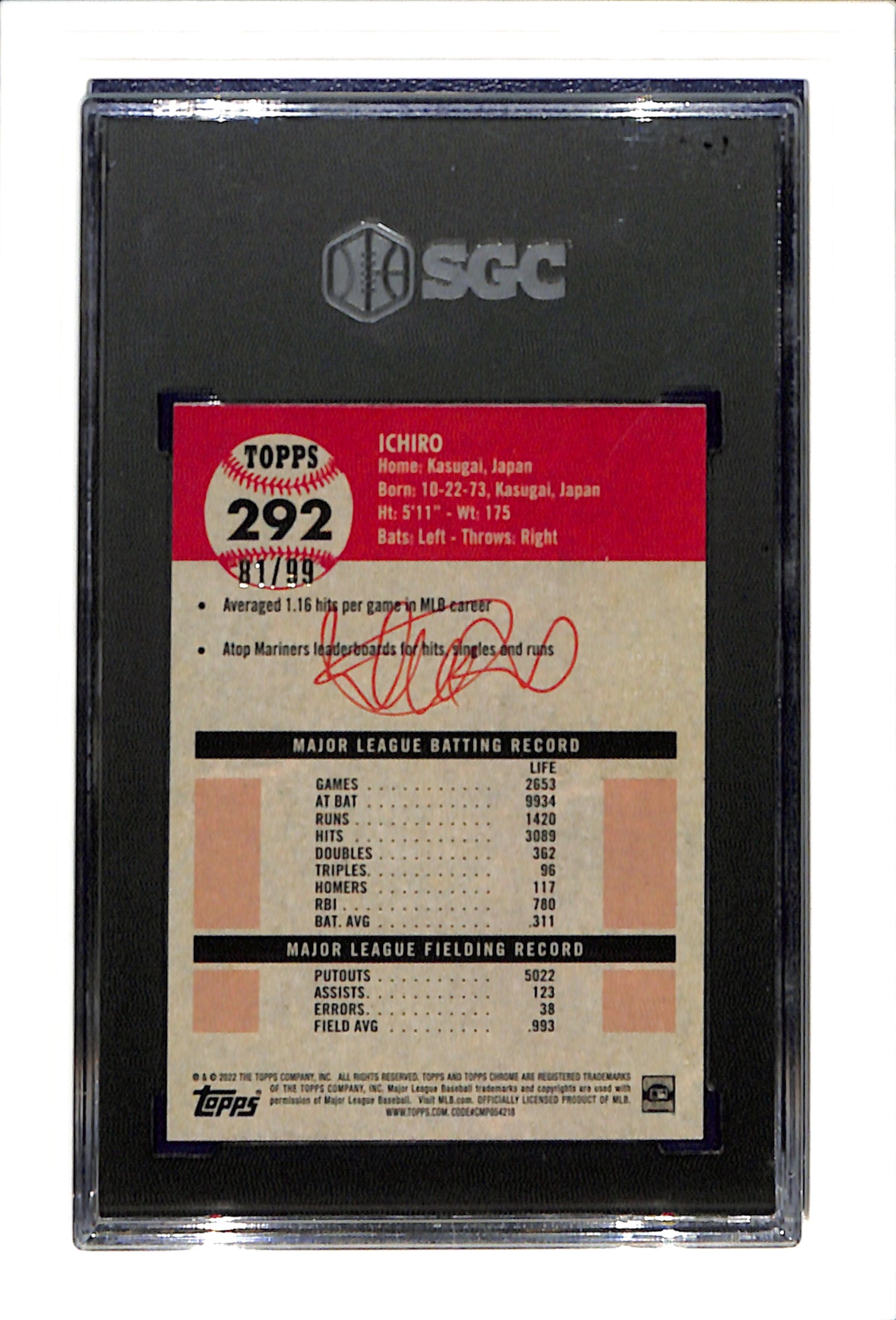 2022 Topps Chrome Platinum Anniversary #292 Ichiro Suzuki SGC 10 81/99