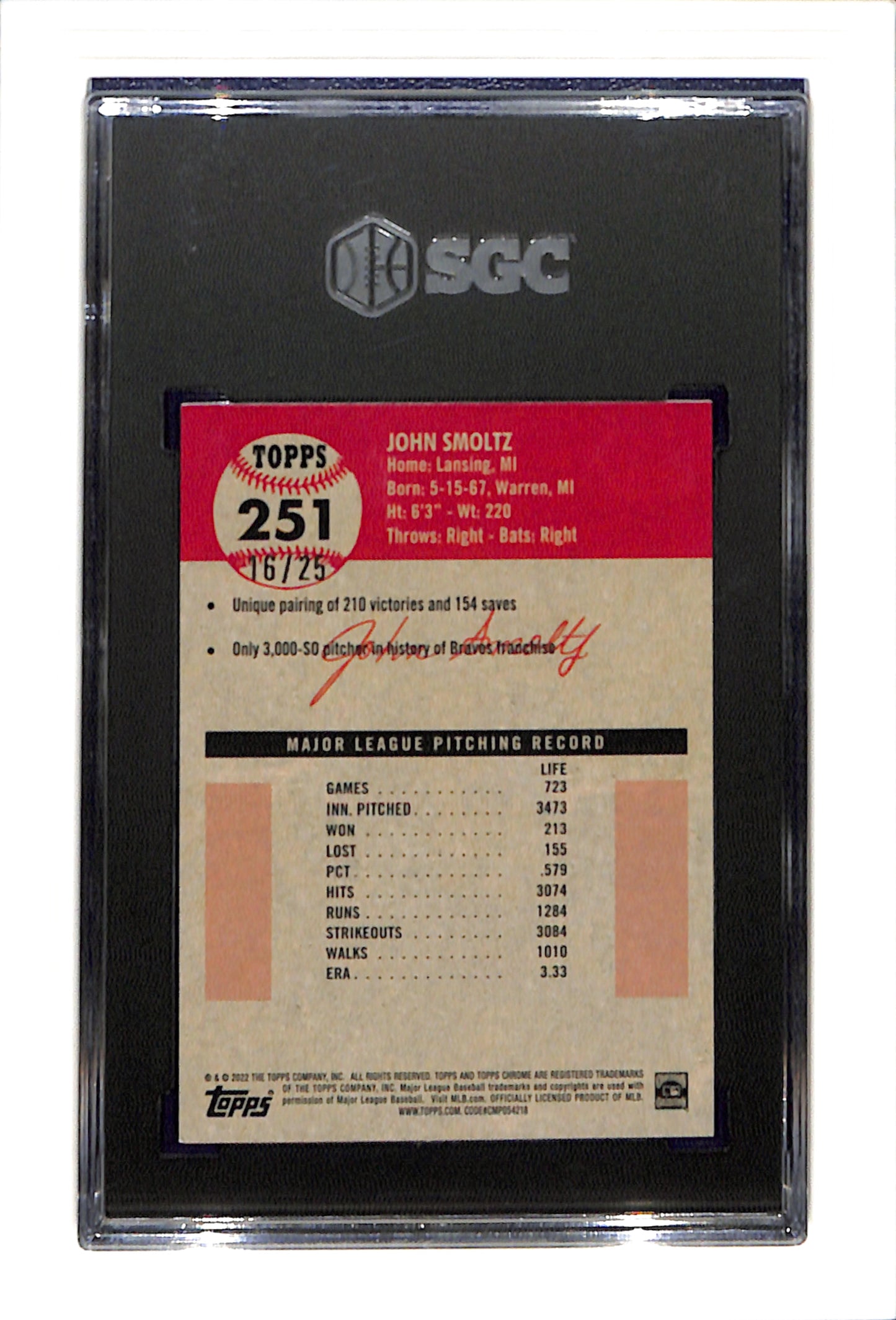 2022 Topps Chrome Platinum Anniversary #251 John Smoltz SGC 10 16/25