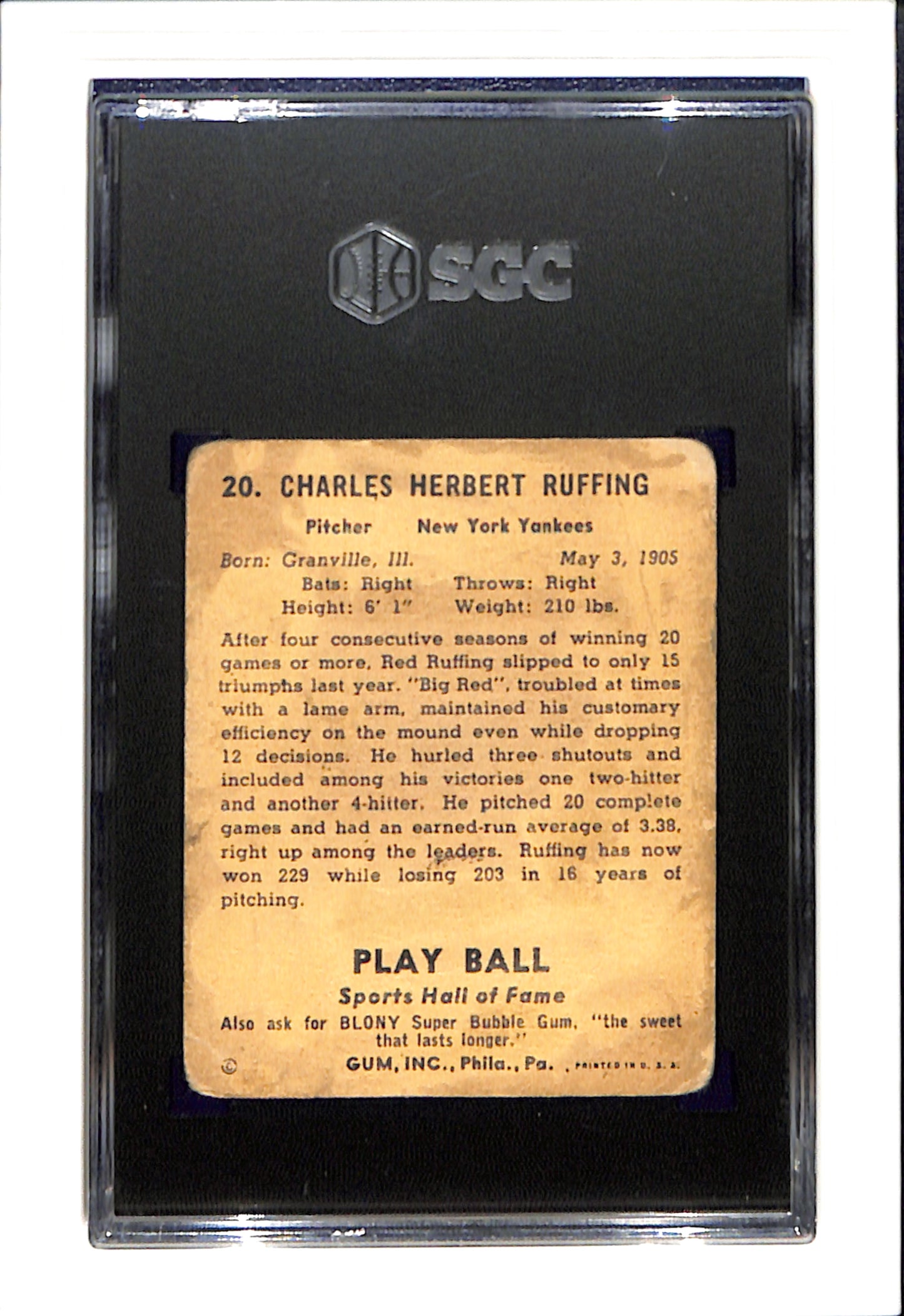 1941 Playball #20 Red Ruffing SGC 1.5 SN 9980698