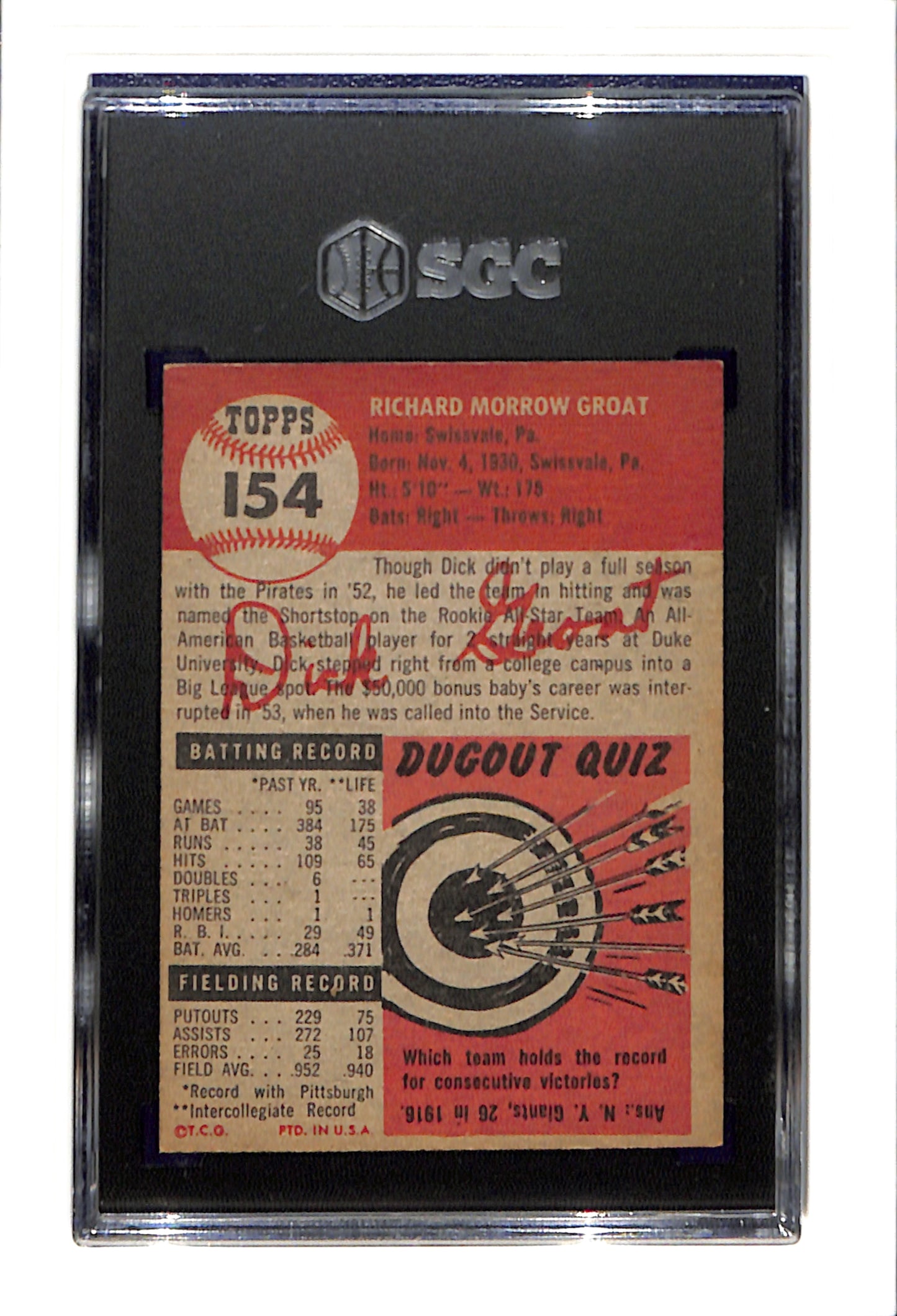 1953 Topps #154 Dick Groat - Pittsburgh Pirates SGC 6 SN 9129039