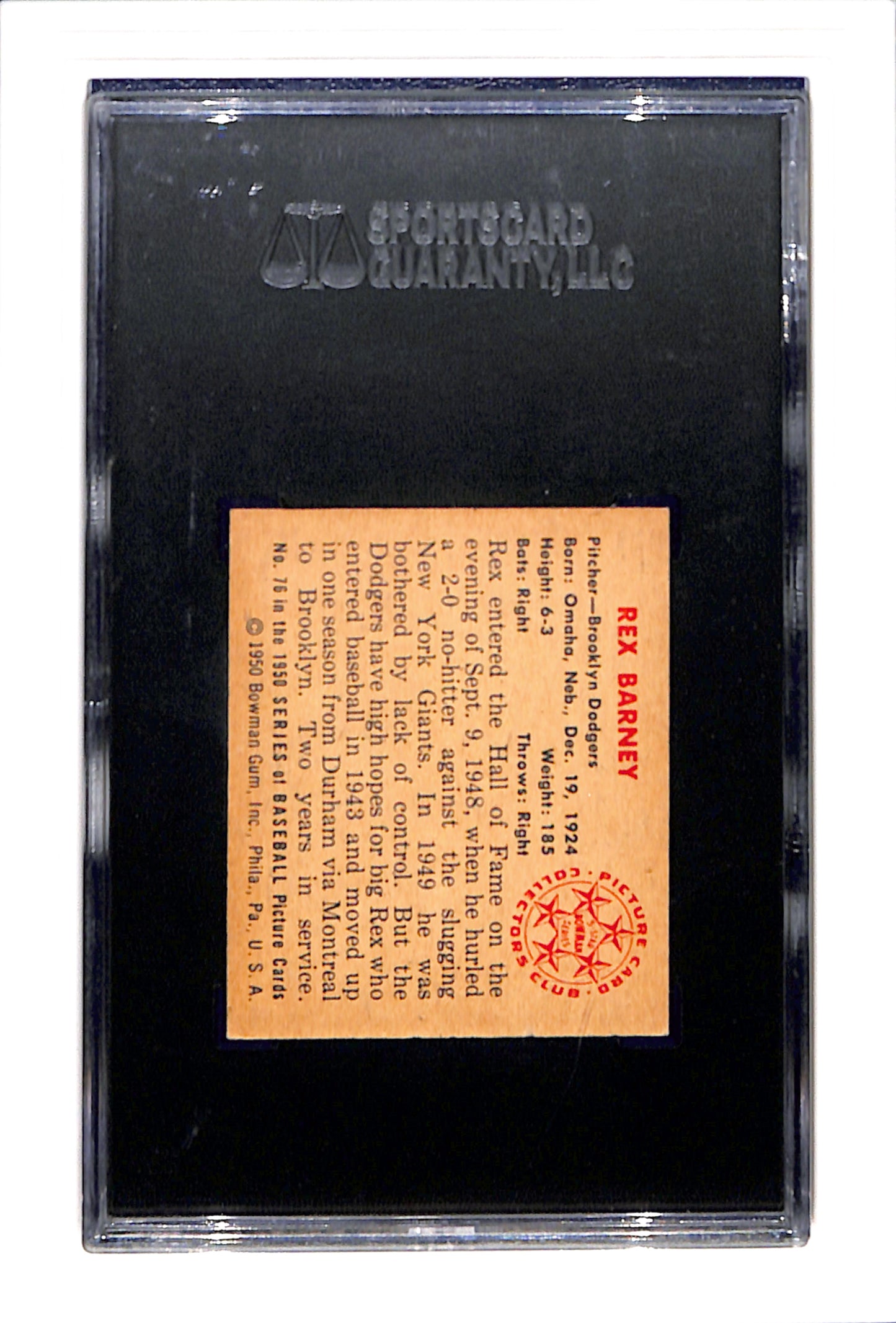 1950 Bowman #76 Rex Barney SGC 7