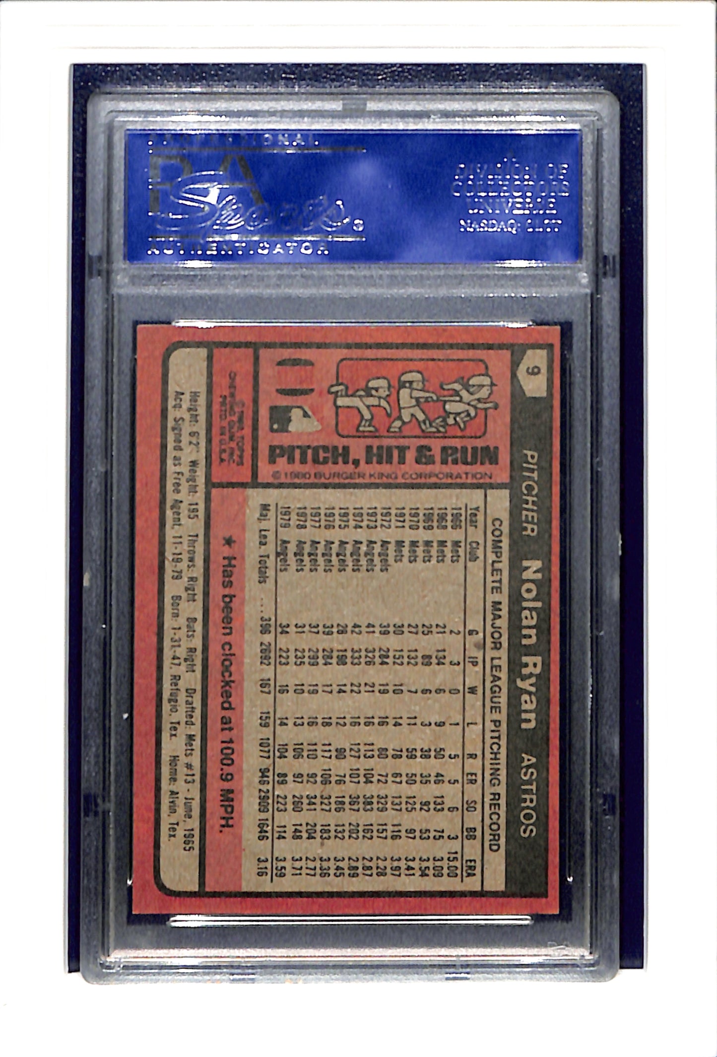 1980 Burger King #9 Nolan Ryan PSA 8 SN 90450373