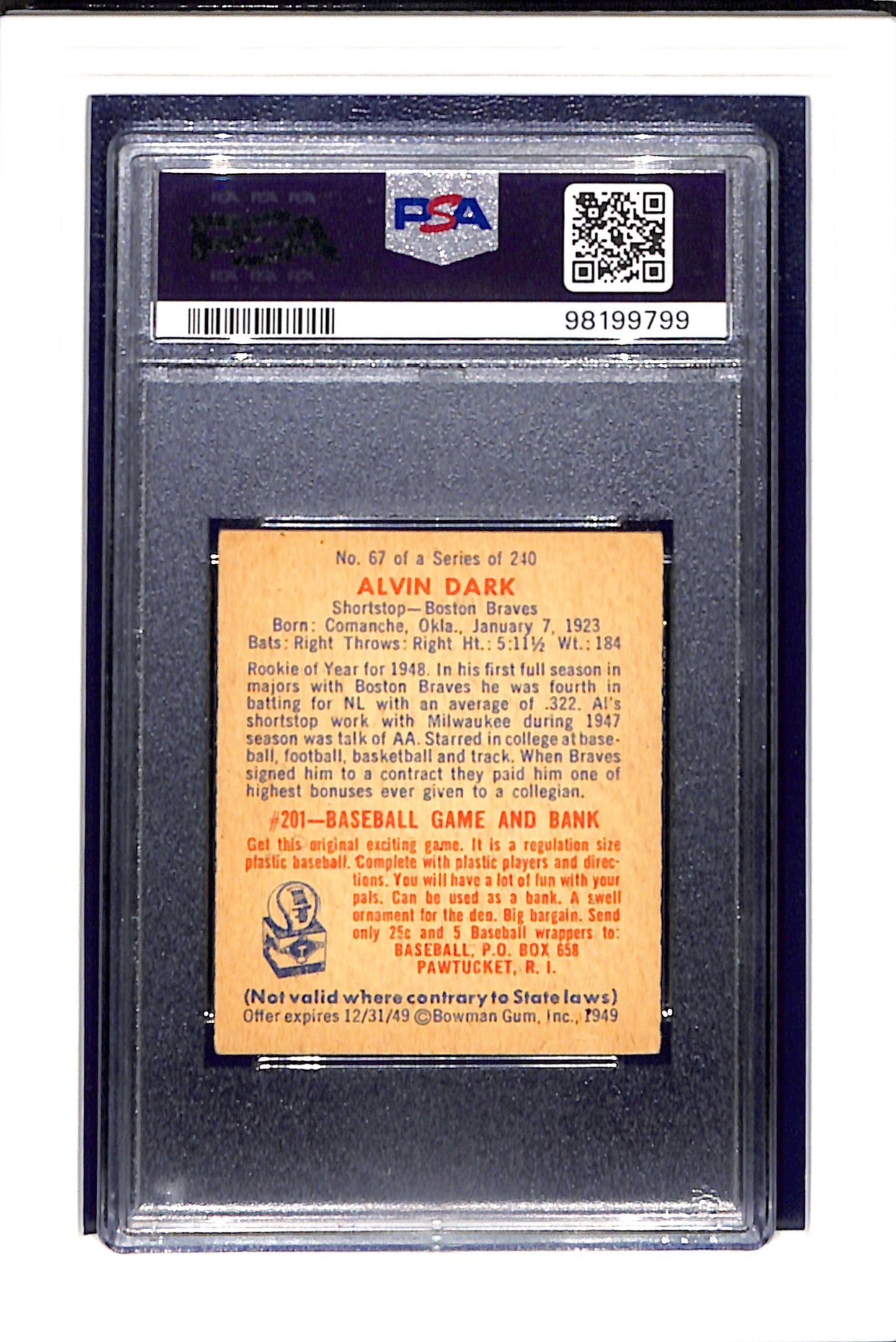 1949 Bowman #67 Alvin Dark PSA 4 SN 98199799