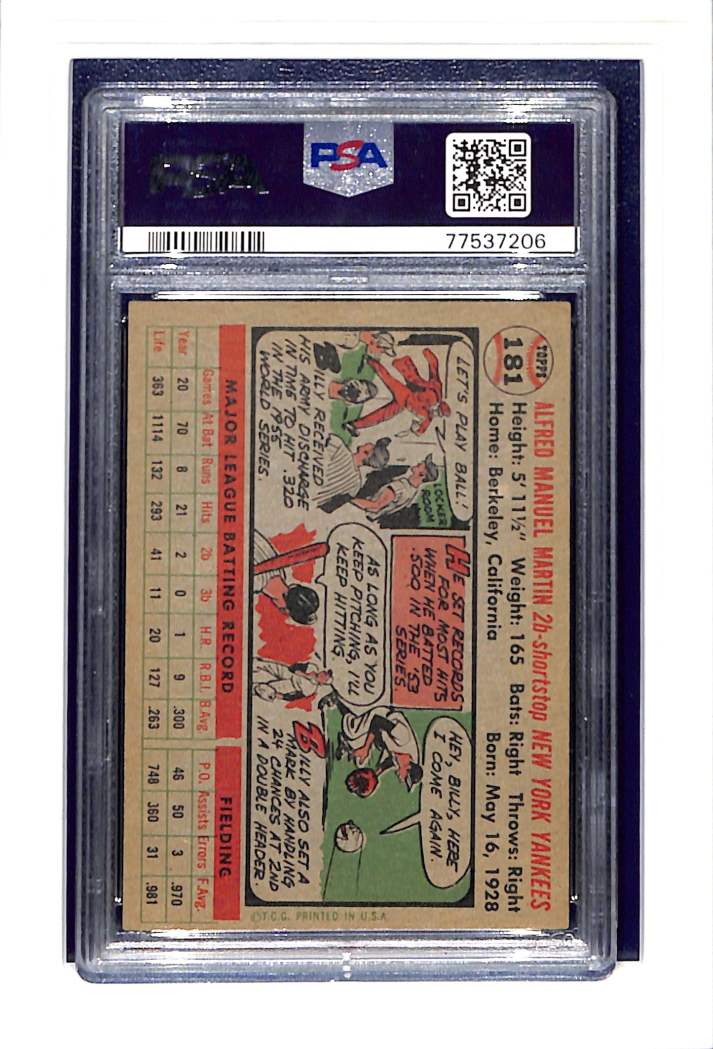 1956 Topps #181 Billy Martin PSA 5 SN 77537206