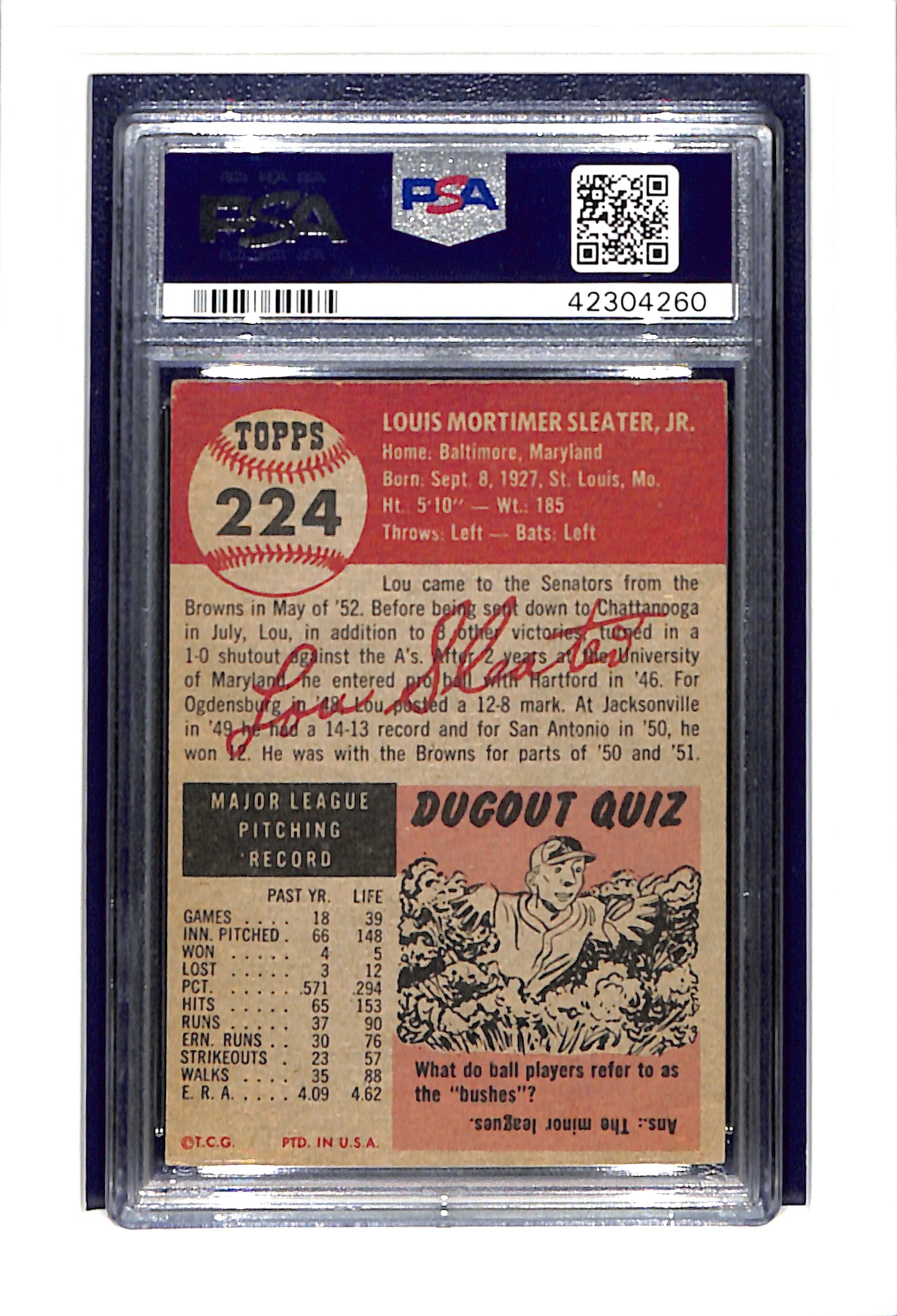 1953 Topps #224 Lou Sleater - Washington Senators DP PSA 4.5 SN 42304260