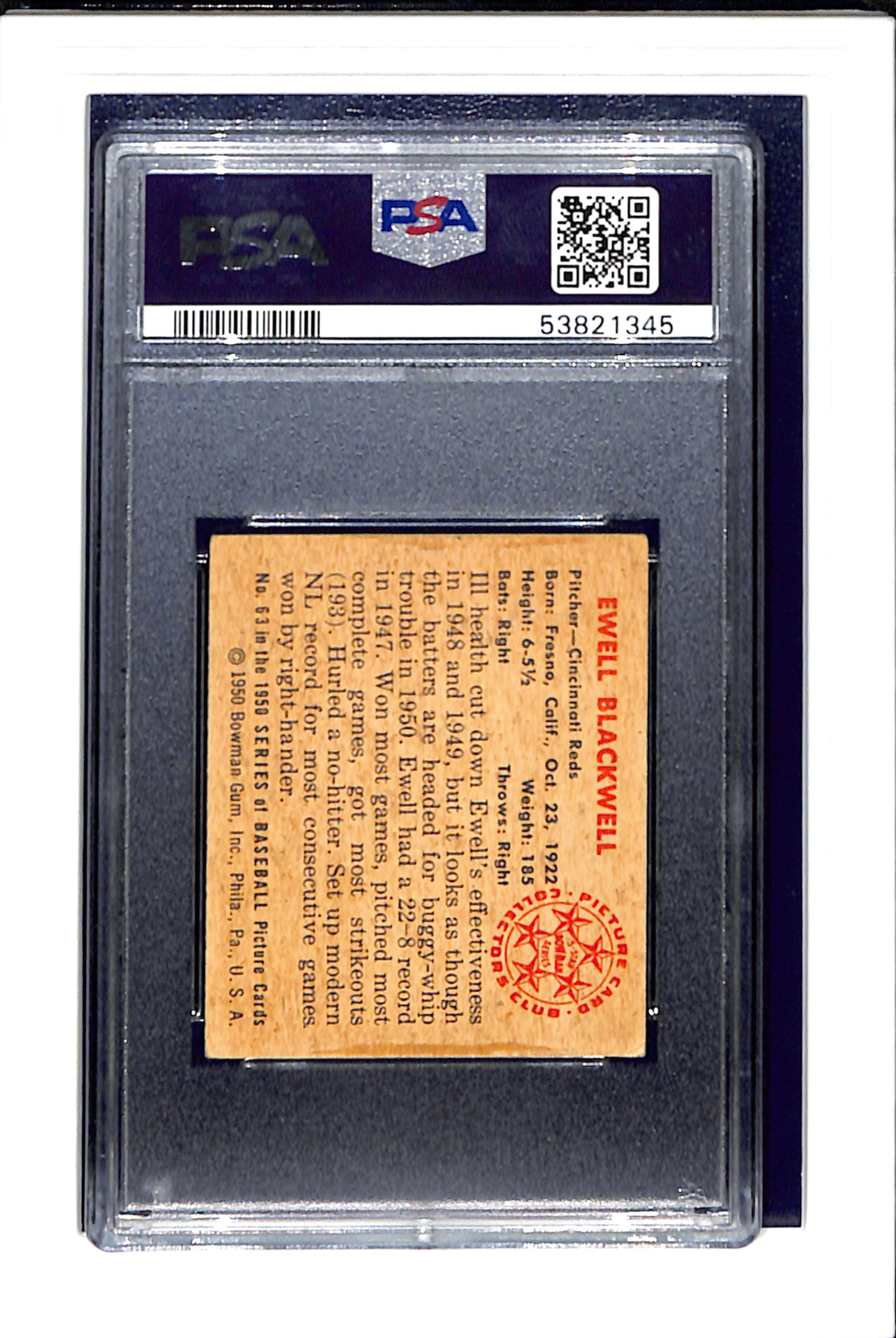 1950 Bowman #63 Ewell Blackwell PSA 4 SN 53821345
