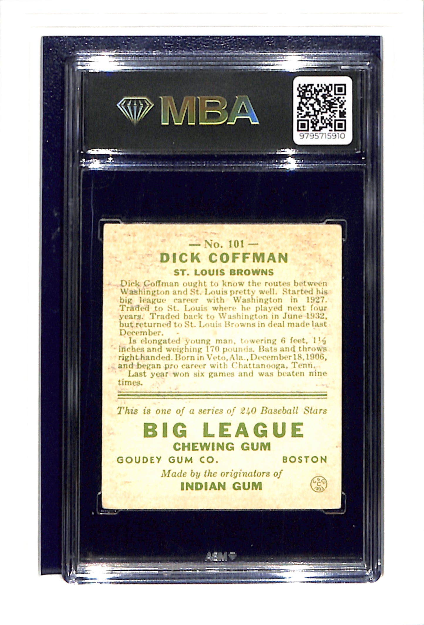 1933 Goudey #101 Dick Coffman MBA 4 VG-EX
