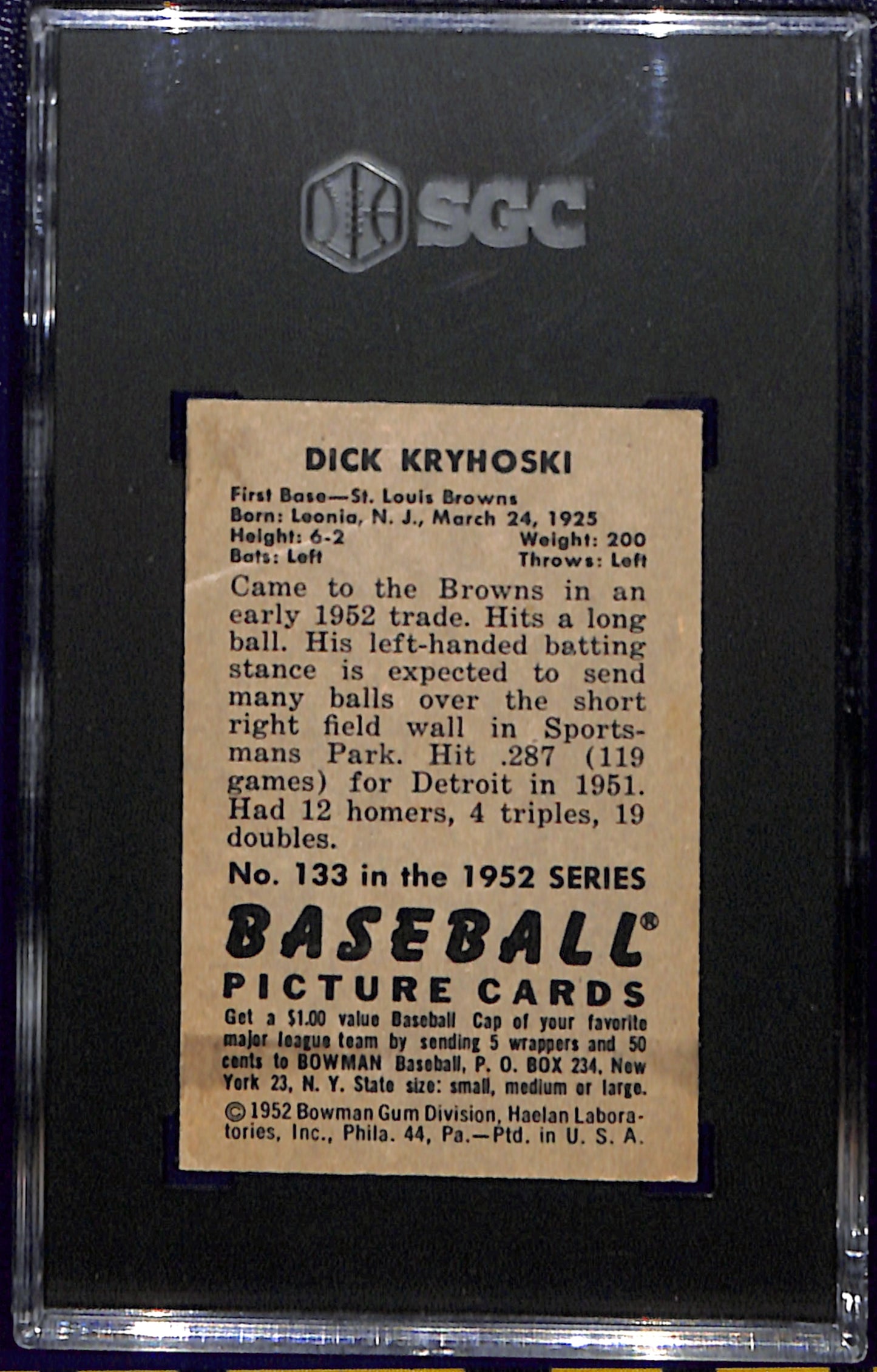 1952 Bowman #133 Dick Kryhoski SGC 2.5