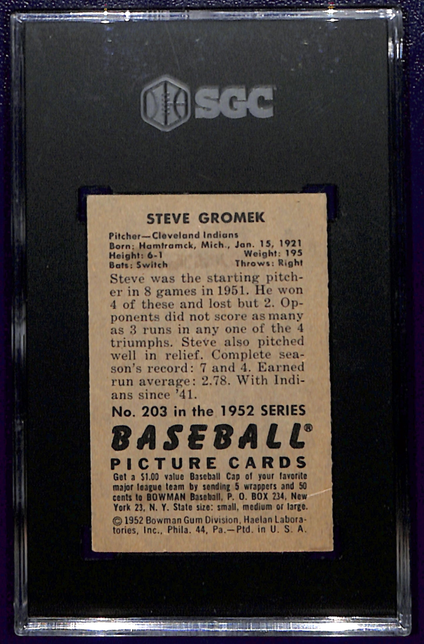 1952 Bowman #203 Steve Gromek SGC 3