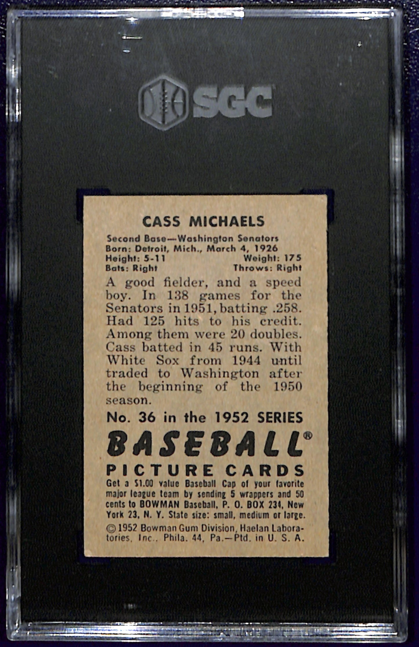1952 Bowman #36 Cass Michaels SGC 2.5