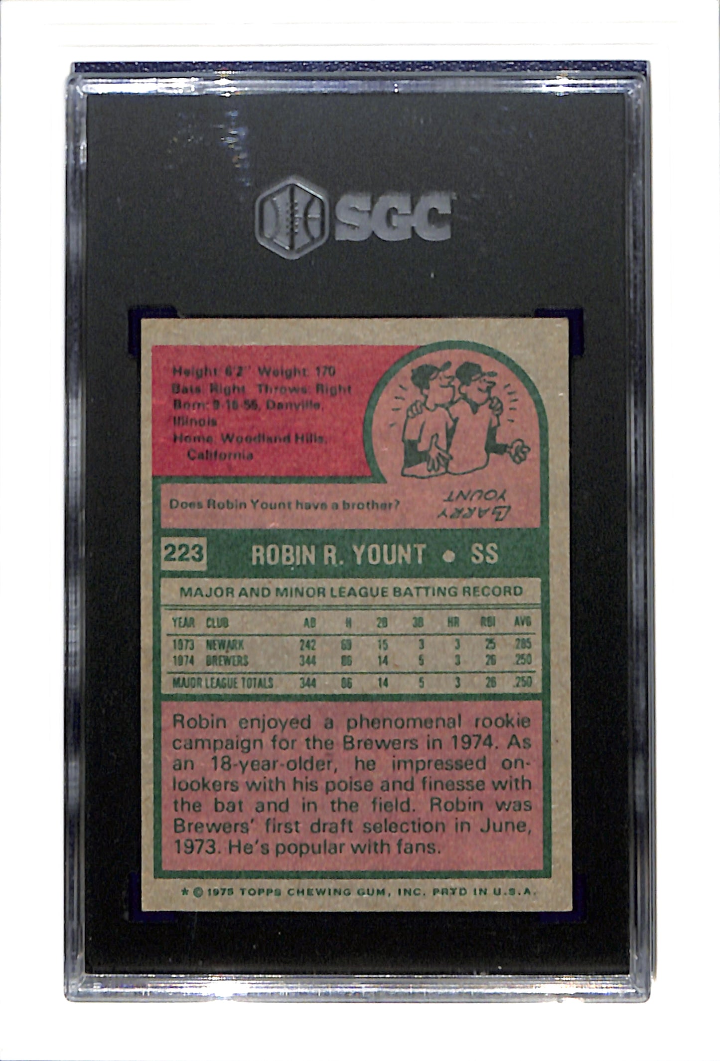 1975 Topps #223 Robin Yount RC SGC 6.5 SN 9388616