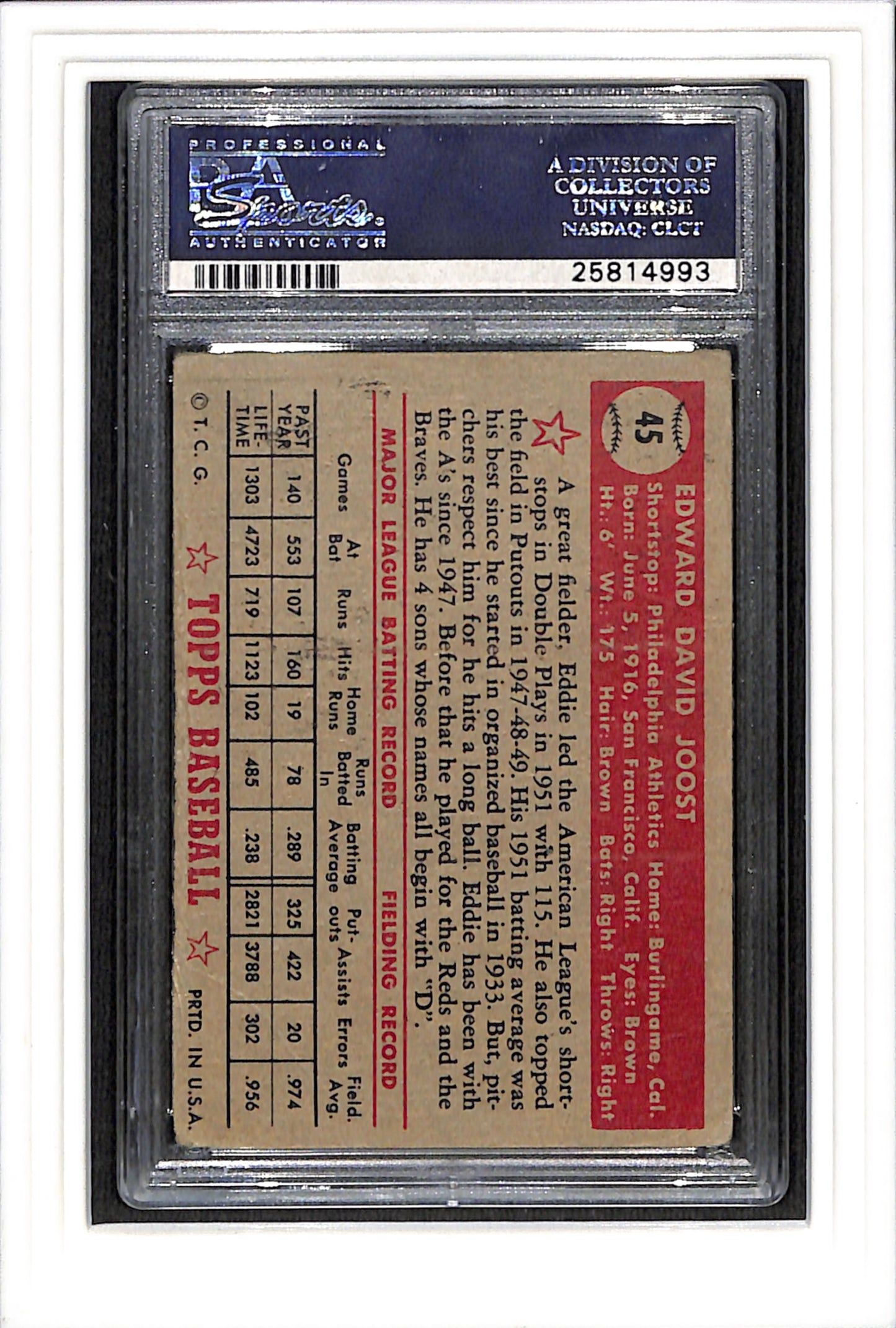 1952 Topps #45 EDDIE JOOST PSA 2 Red