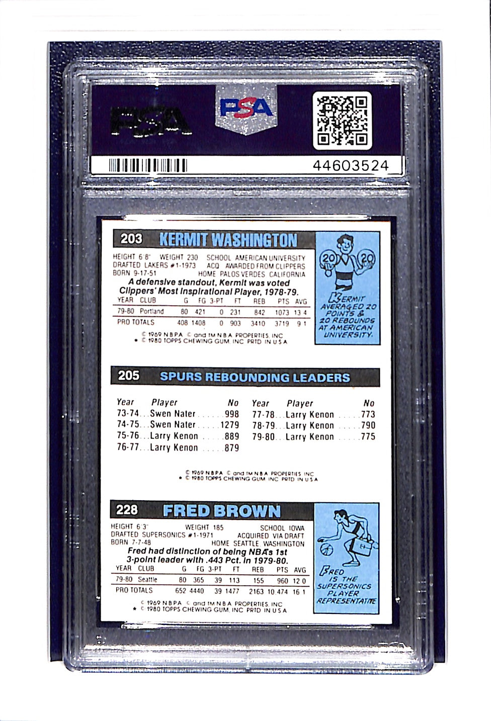 1980-81 Topps Kermit Washington Fred Brown Larry Kenon #203-205-228 PSA 8