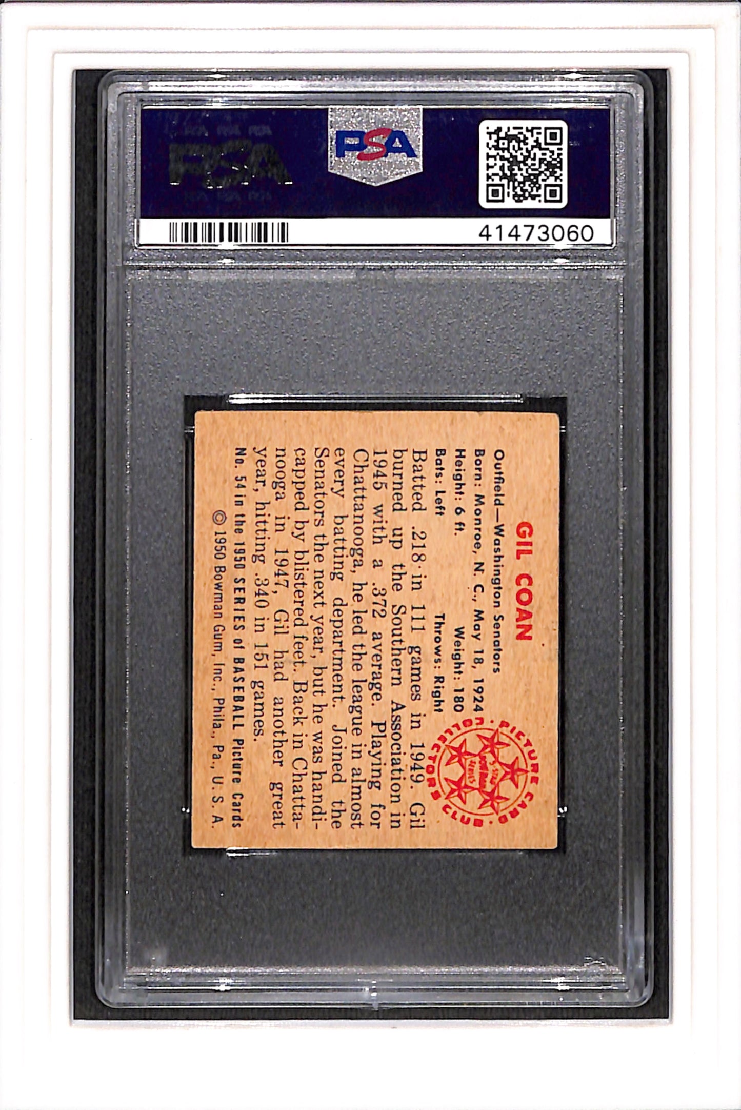 1950 Bowman #54 Gil Coan PSA 4 SN 41473060