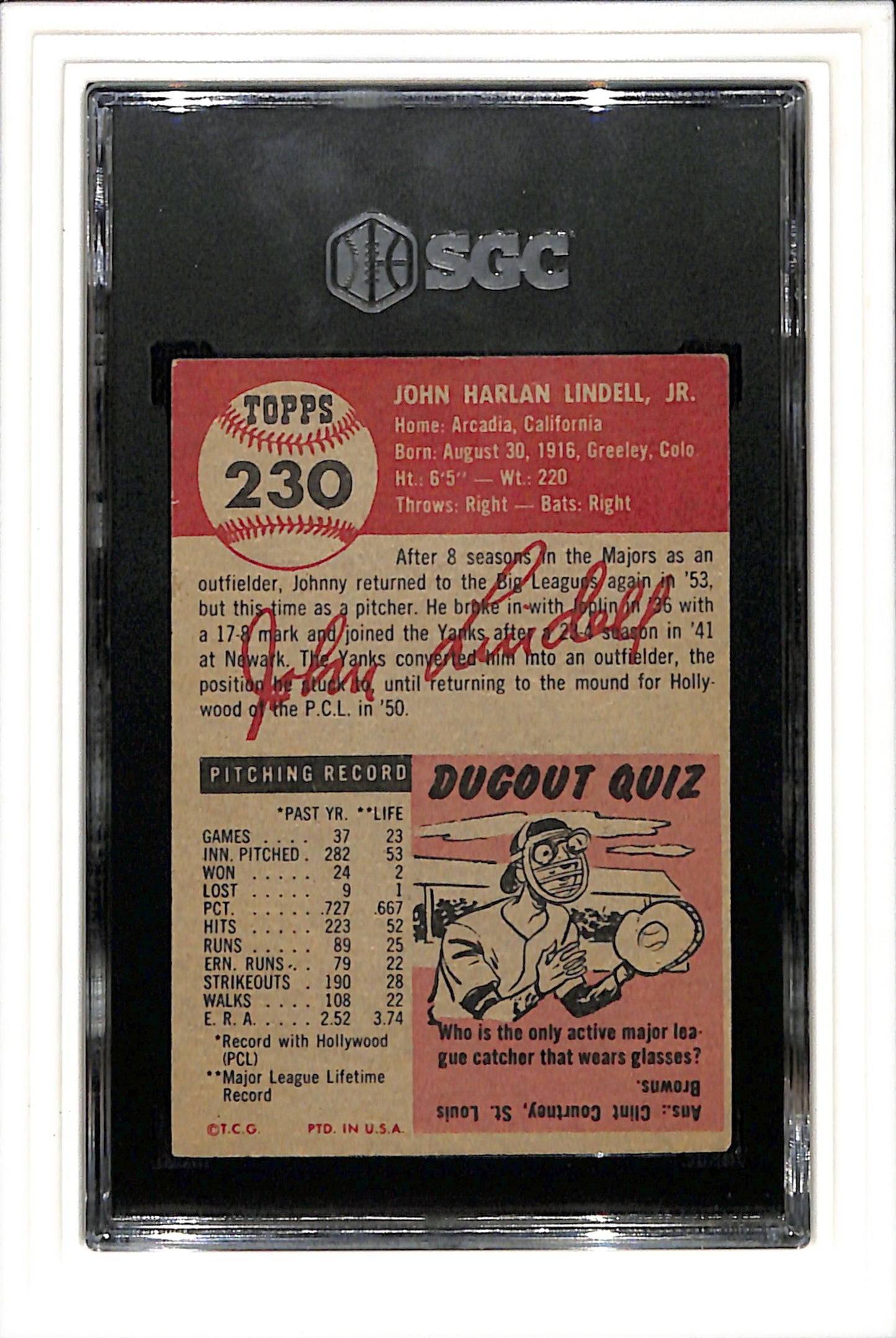 1953 Topps #230 Johnny Lindell - Pittsburgh Pirates DP SGC 4 SN 3157111