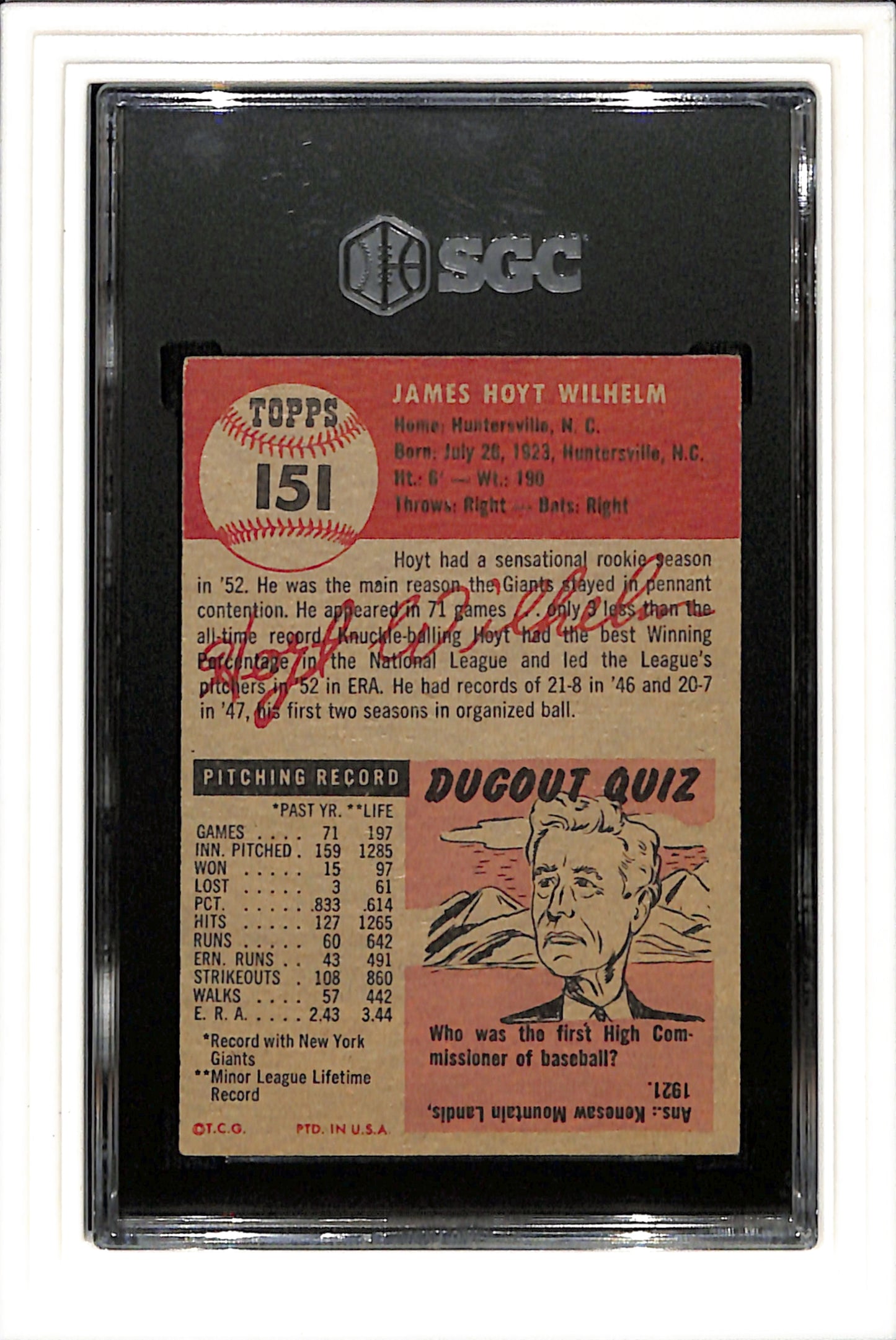 1953 Topps #151 Hoyt Wilhelm SGC 3 SN 3407590