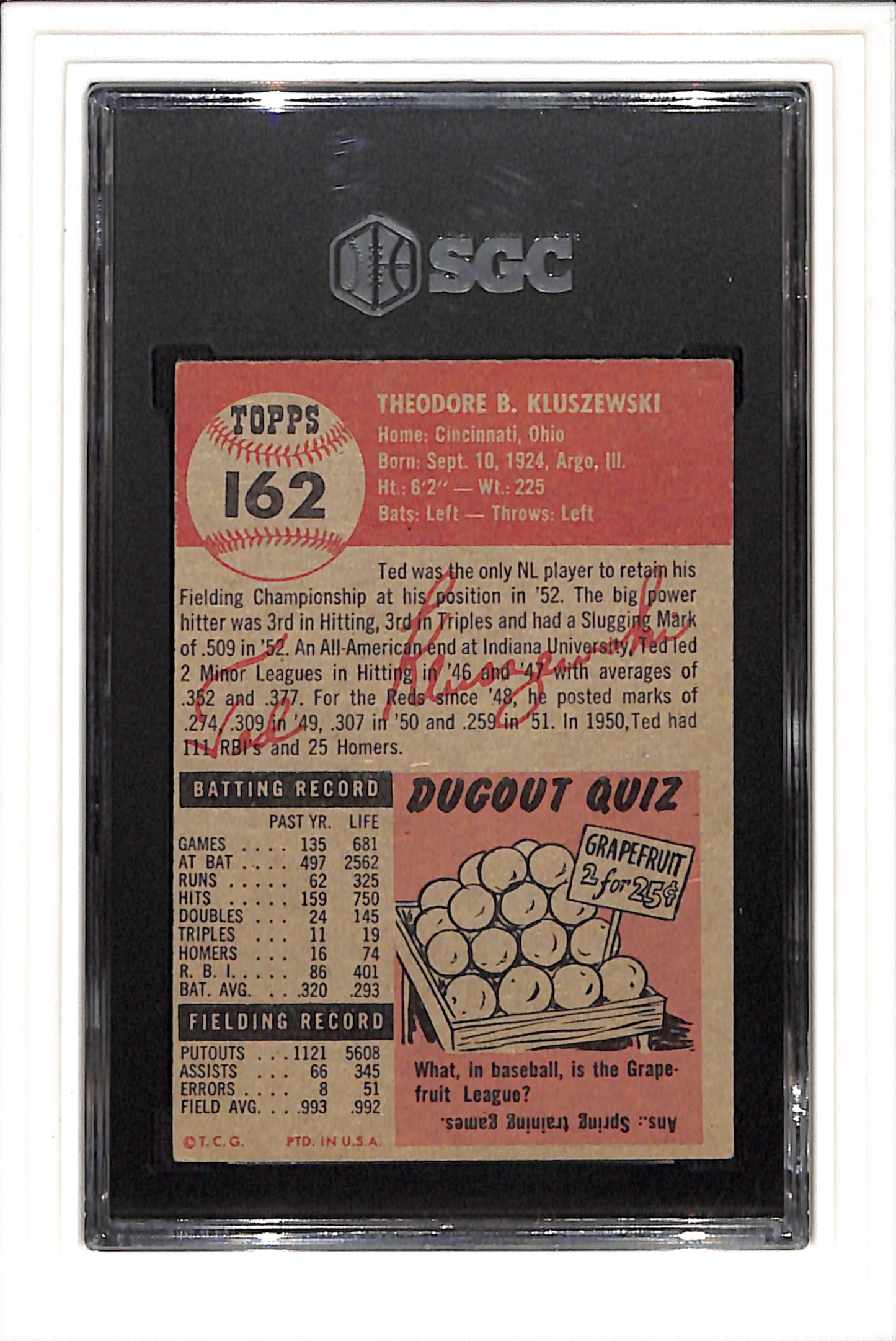 1953 Topps #162 Ted Kluszewski SGC 4 SN 3922094