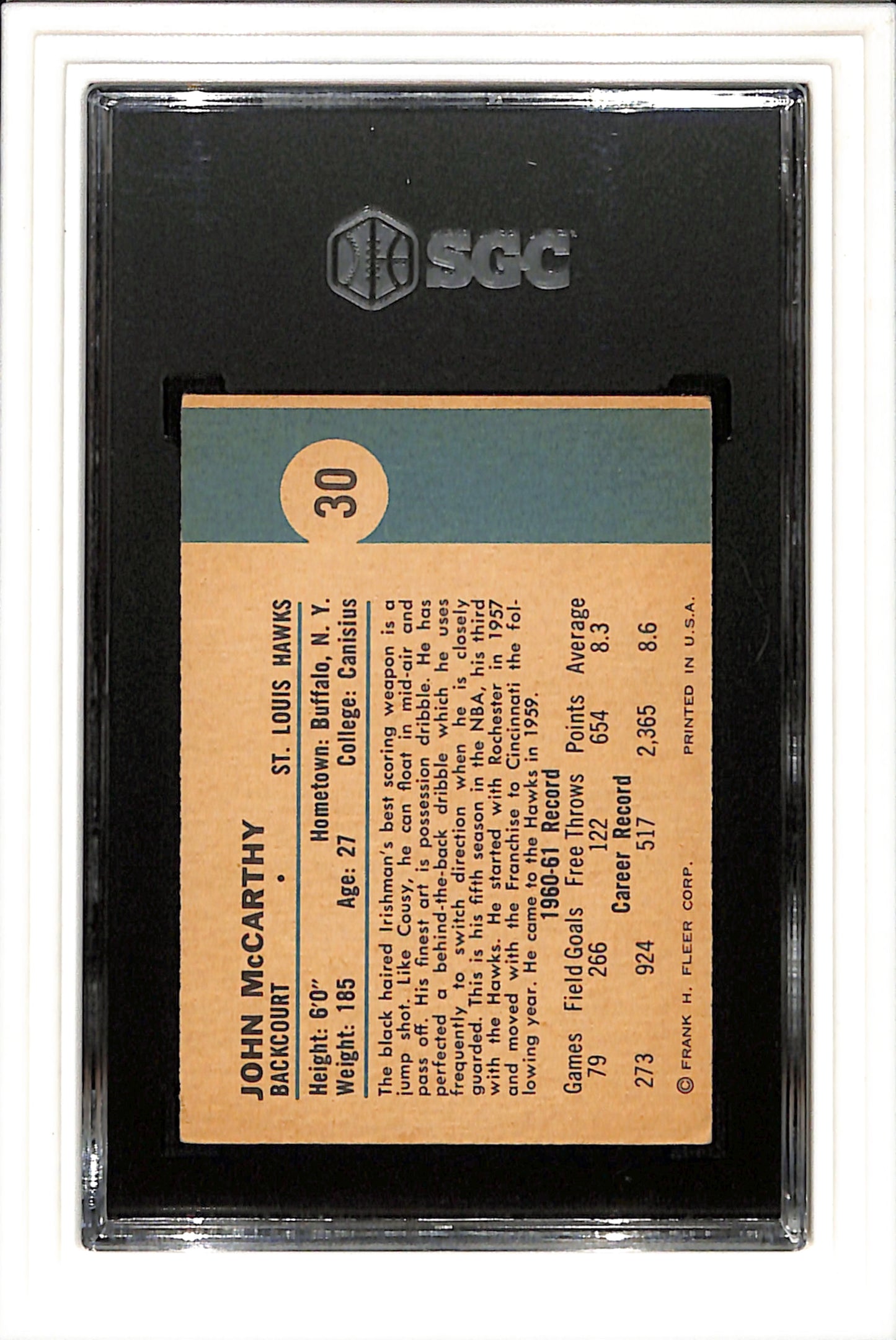 1961-62 Fleer #30 John McCarthy SGC 4 SN 9919646