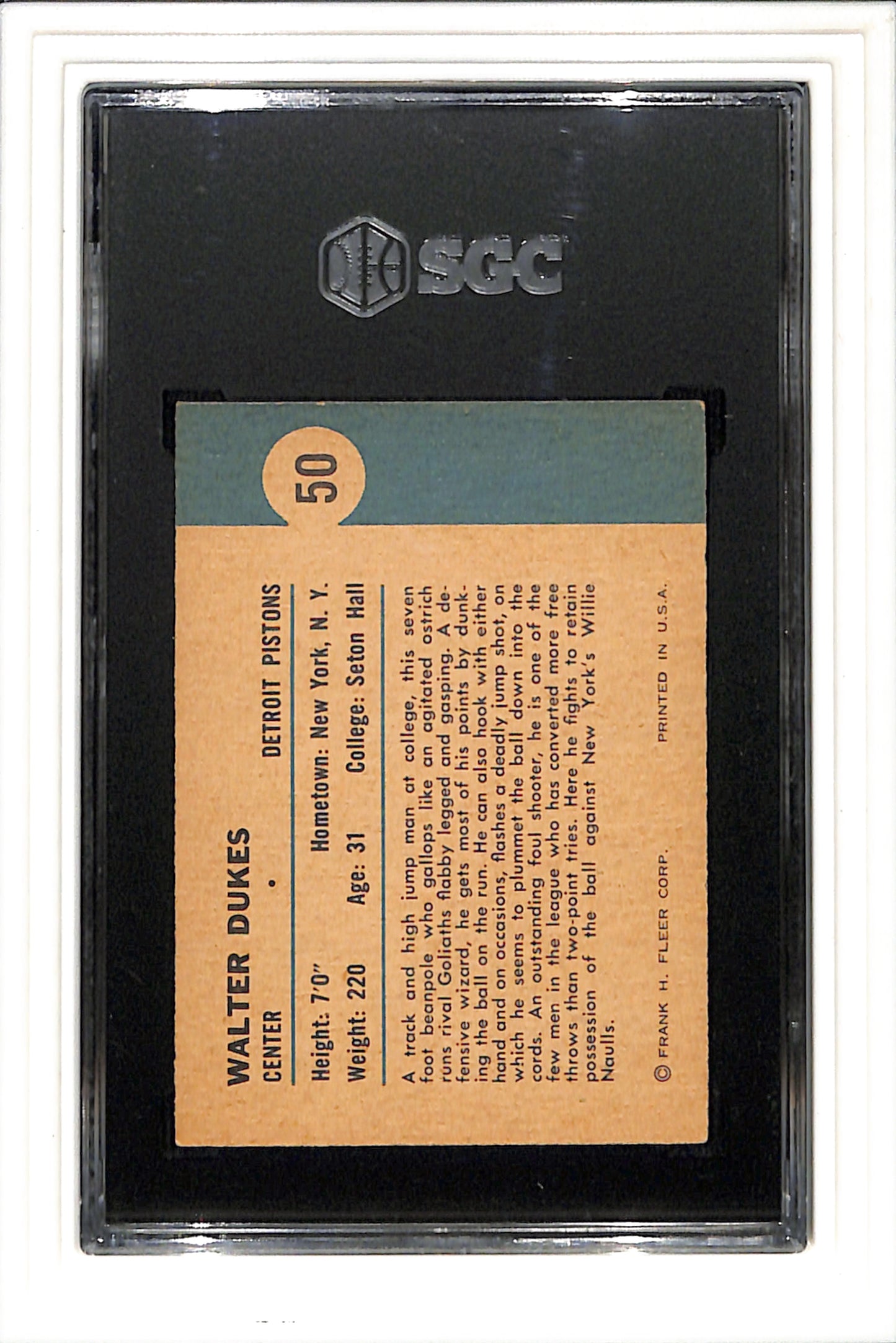 1961-62 Fleer #50 Walter Dukes SGC 4 SN 3871456