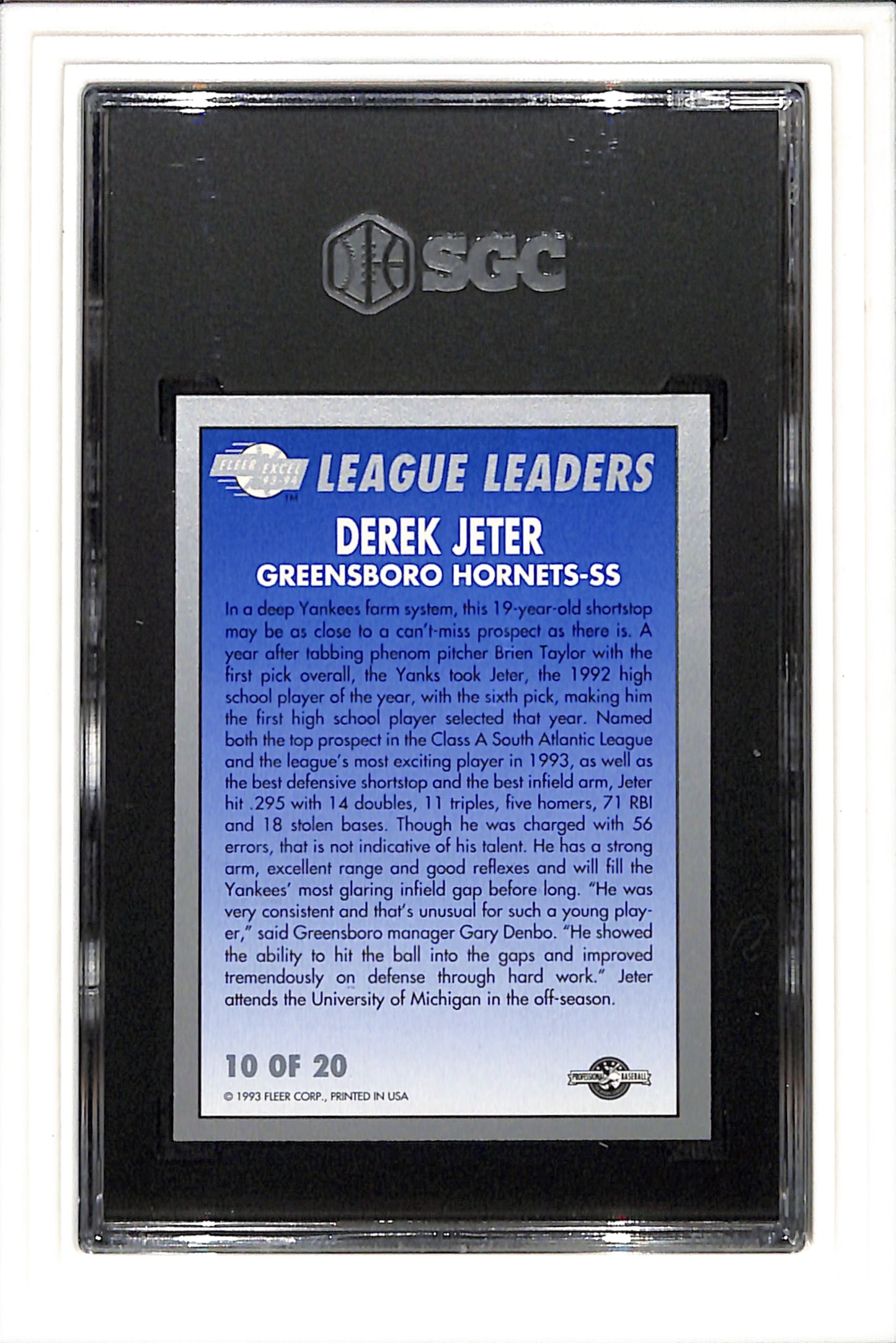 1993 FLEER EXCEL LEAGUE LEADERS #10 DEREK JETER SGC 8