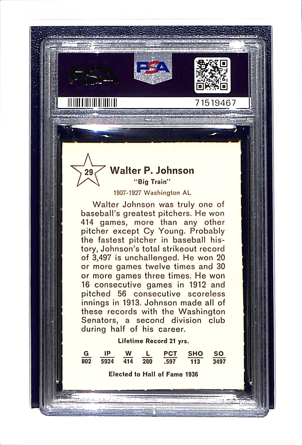 1961 Golden Press #29 Walter Johnson PSA 7 Washington Senators