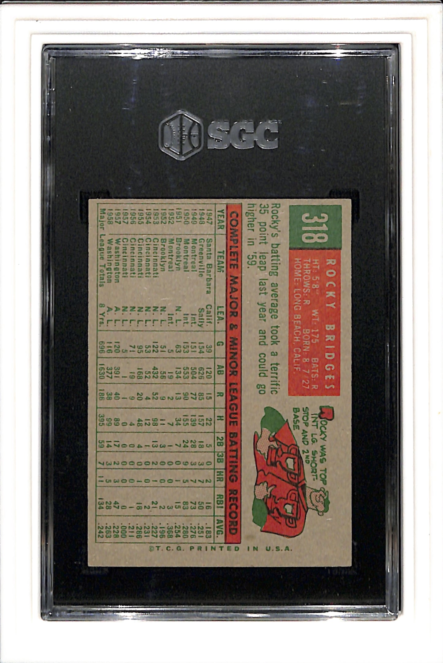 1959 Topps #318 Rocky Bridges SGC 6 SN 2664054