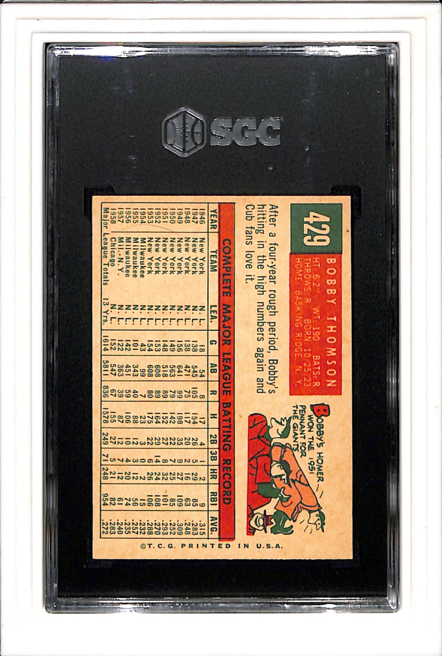 1959 Topps #429 Bobby Thomson SGC 7 SN 2845857