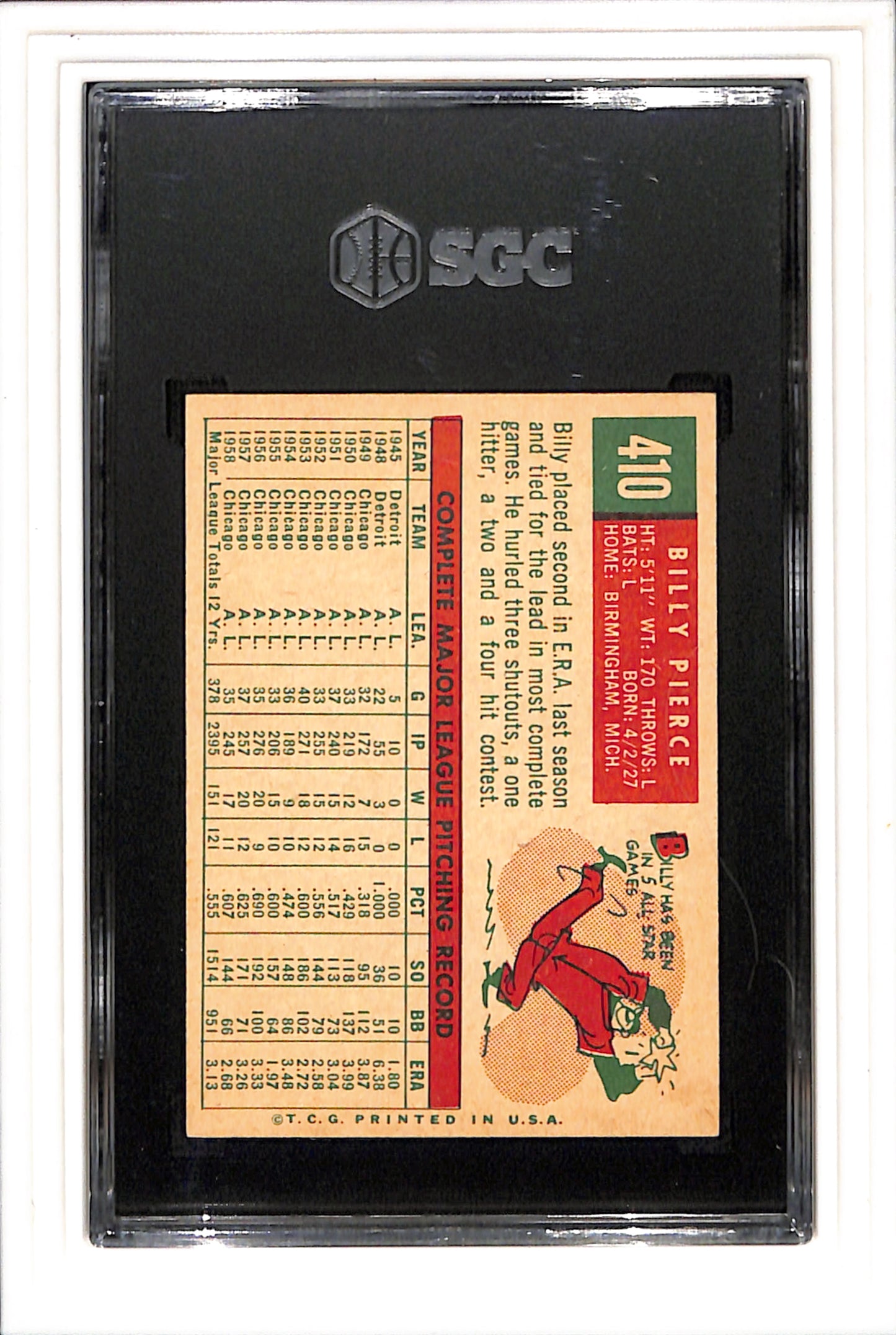 1959 Topps #410 Billy Pierce SGC 7 SN 1951370
