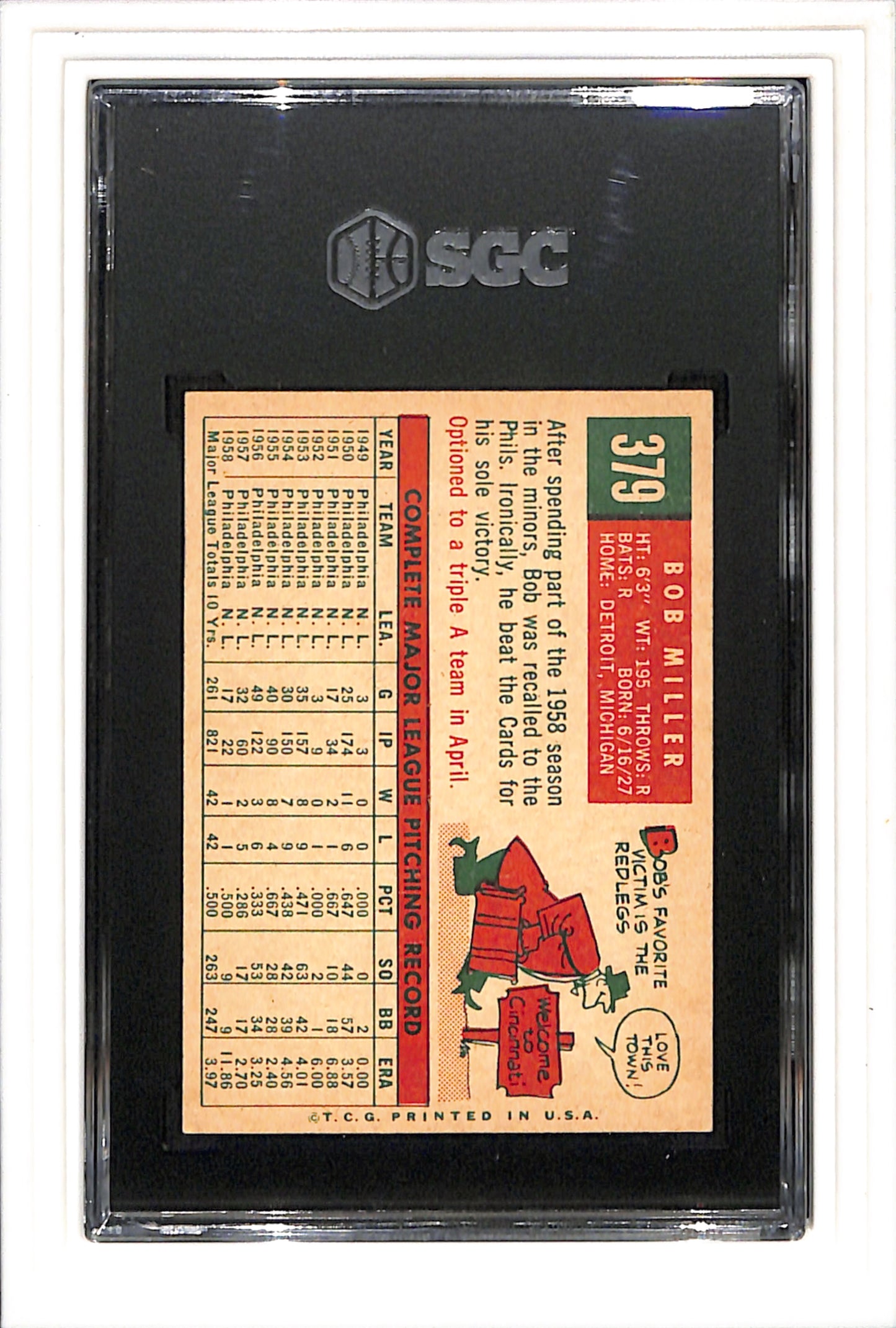 1959 Topps #379 Bob Miller SGC 7.5 SN 1469305