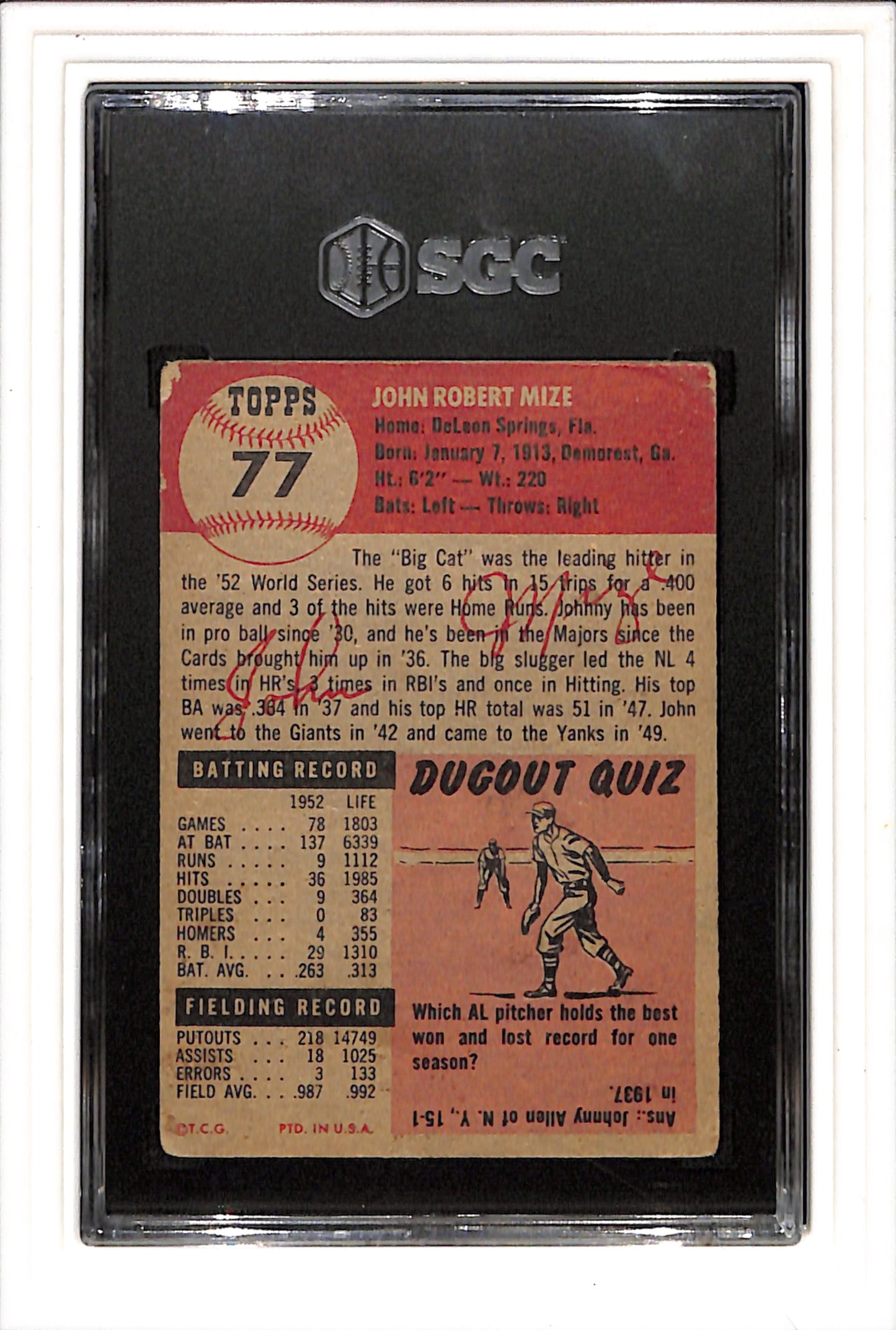 1953 Topps #77 Johnny Mize - New York Yankees DP SGC 2.5 SN 4972700