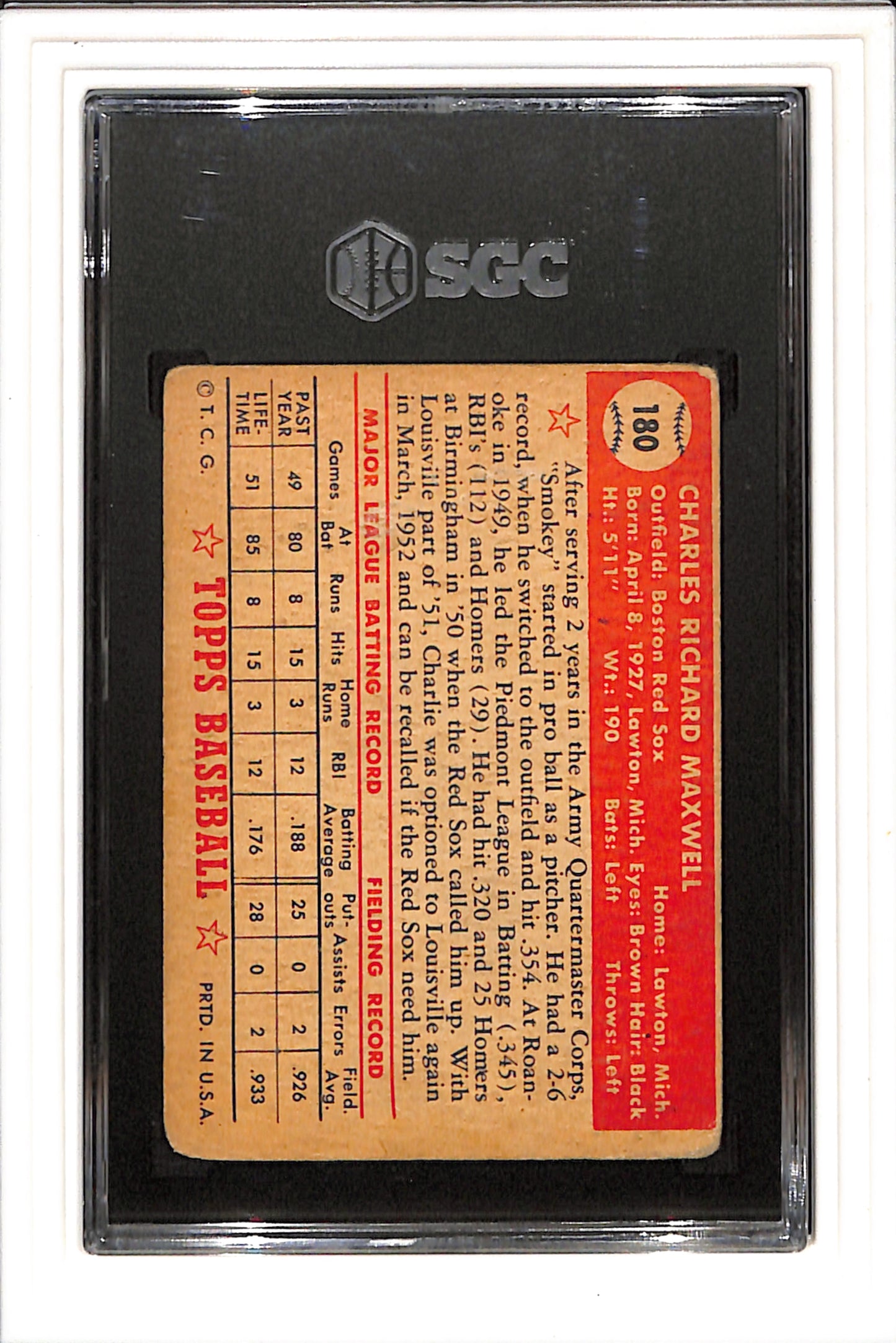 1952 Topps #180 Charley Maxwell SGC 1 SN 2409928