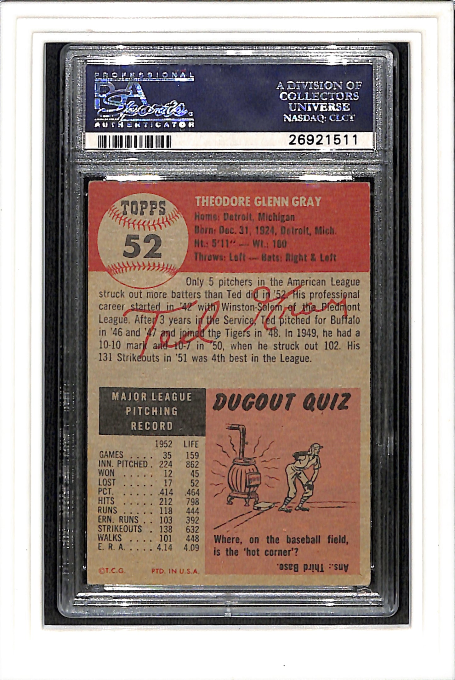 1953 Topps #52 Ted Gray - Detroit Tigers DP PSA 4 SN 26921511