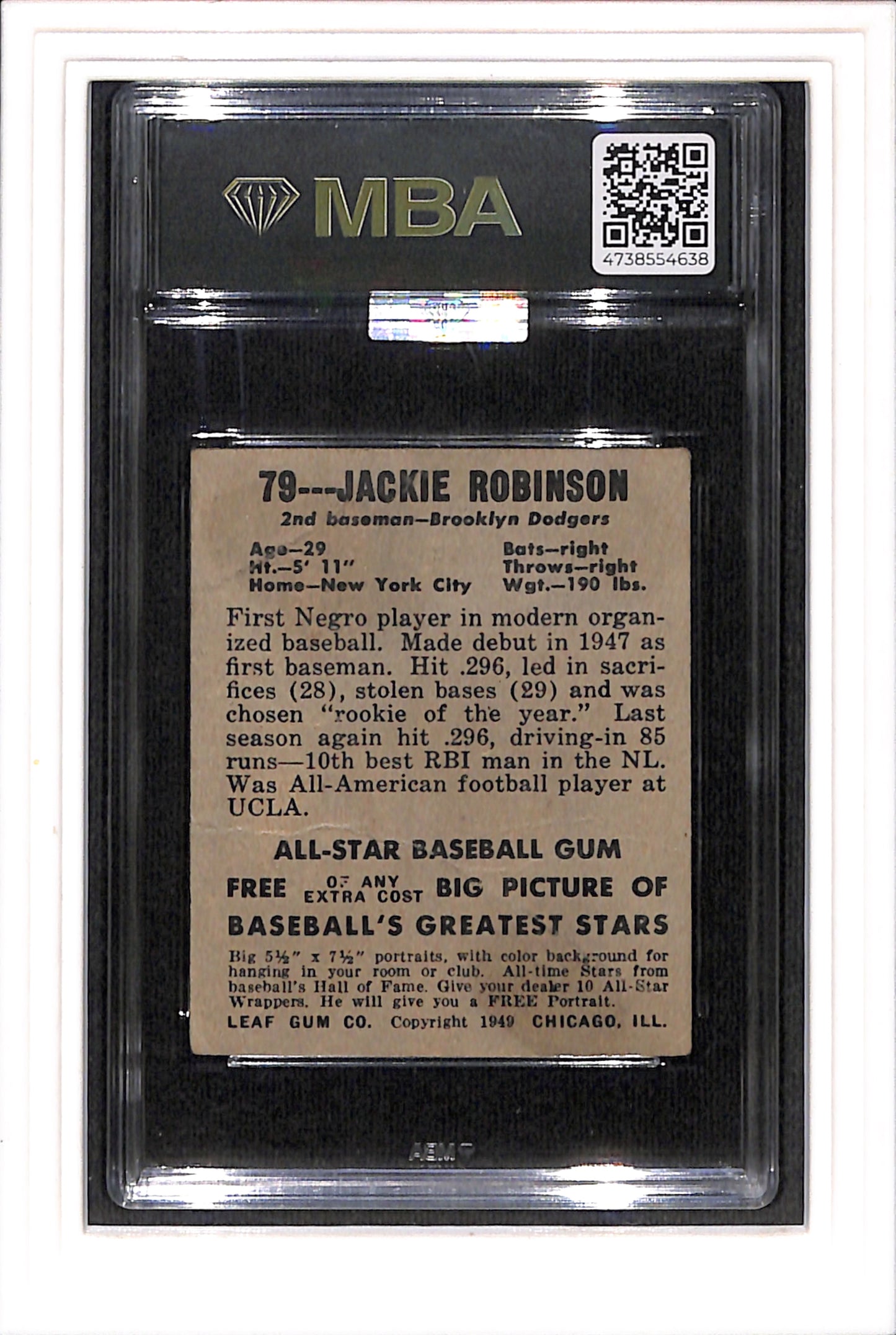 1948-49 Leaf #79 Jackie Robinson RC MBA 1 SN 4738554638