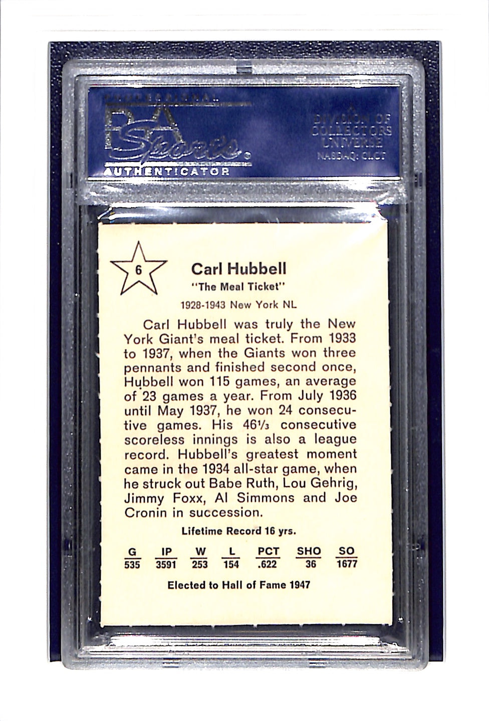 1961 Golden Press #6 Carl Hubbell PSA 9 New York Giants