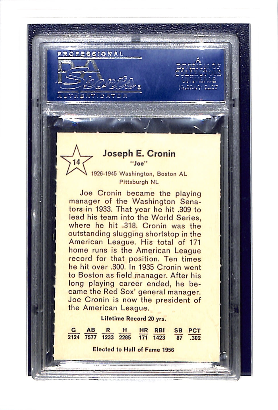 1961 Golden Press #14 Joe Cronin PSA 9 Washington Senators