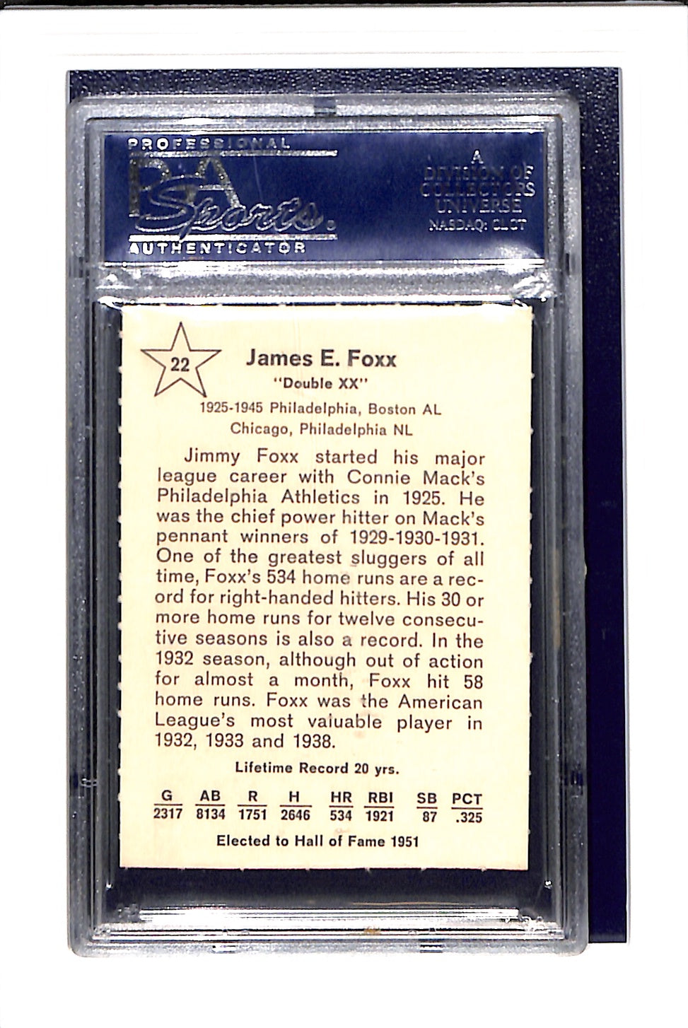 1961 Golden Press #22 Jimmie Foxx PSA 9 Boston Red Sox