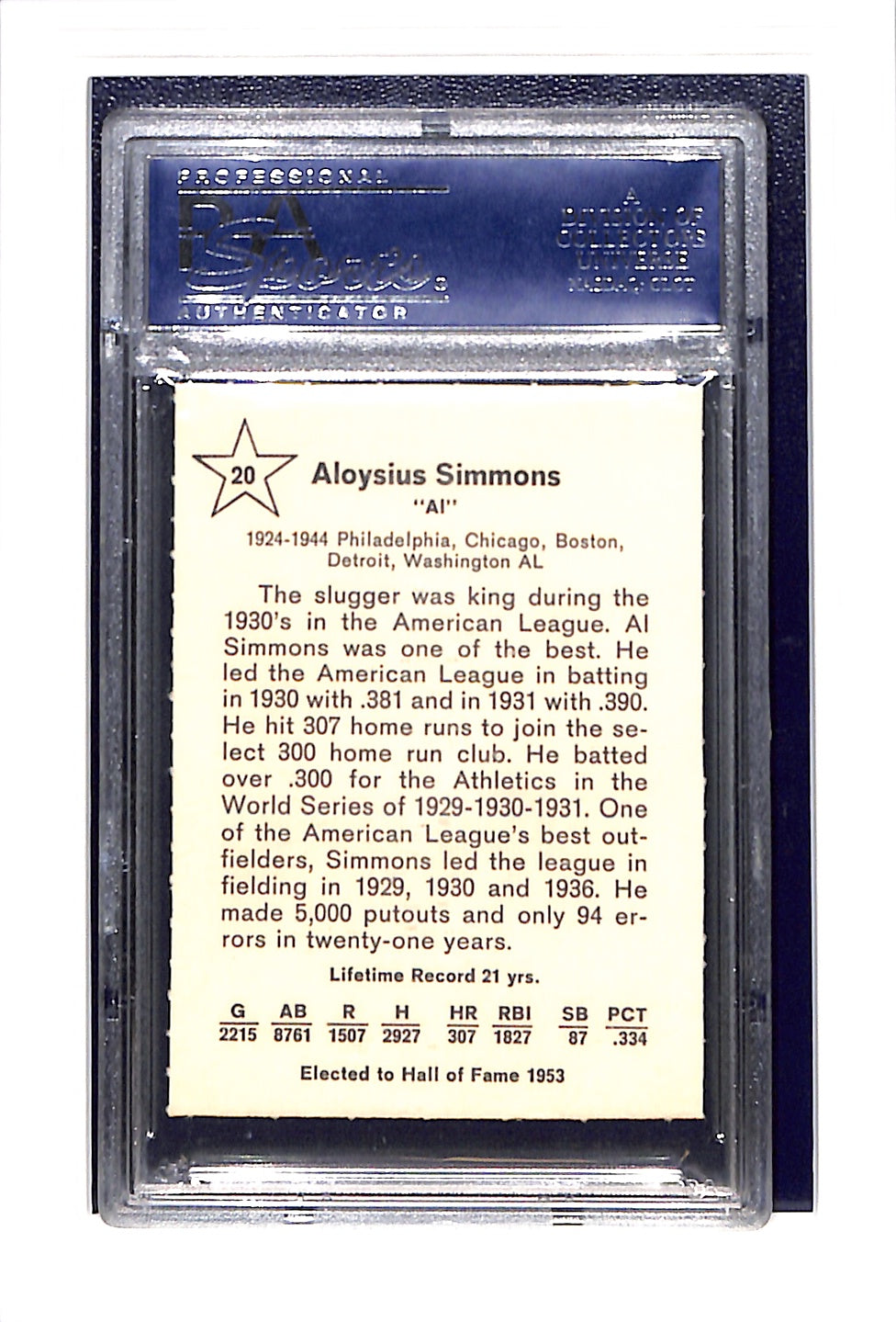 1961 Golden Press #20 Al Simmons PSA 9 Philadelphia Athletics SN 19815022