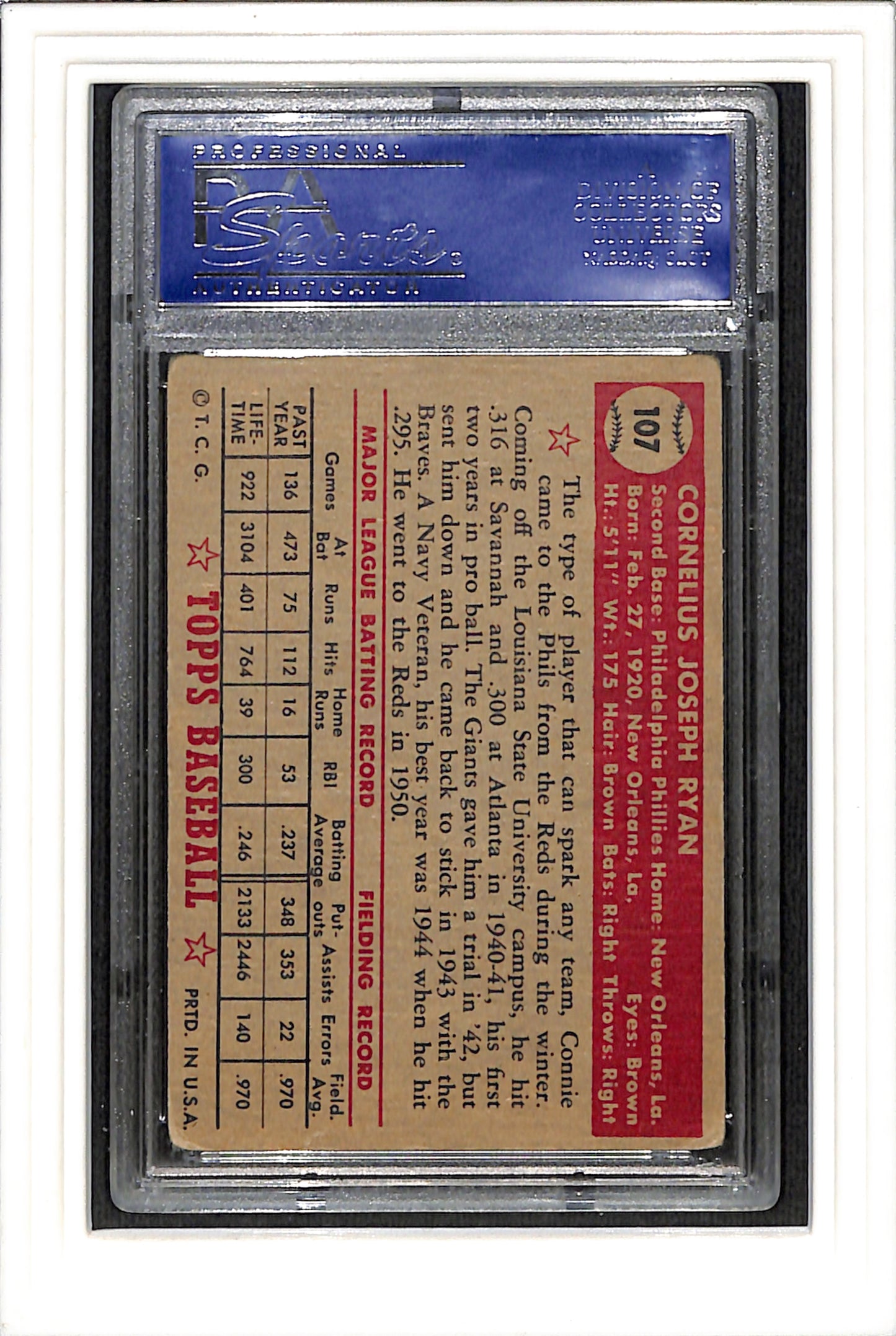 1952 Topps #107 Connie Ryan PSA 3 SN 15263789