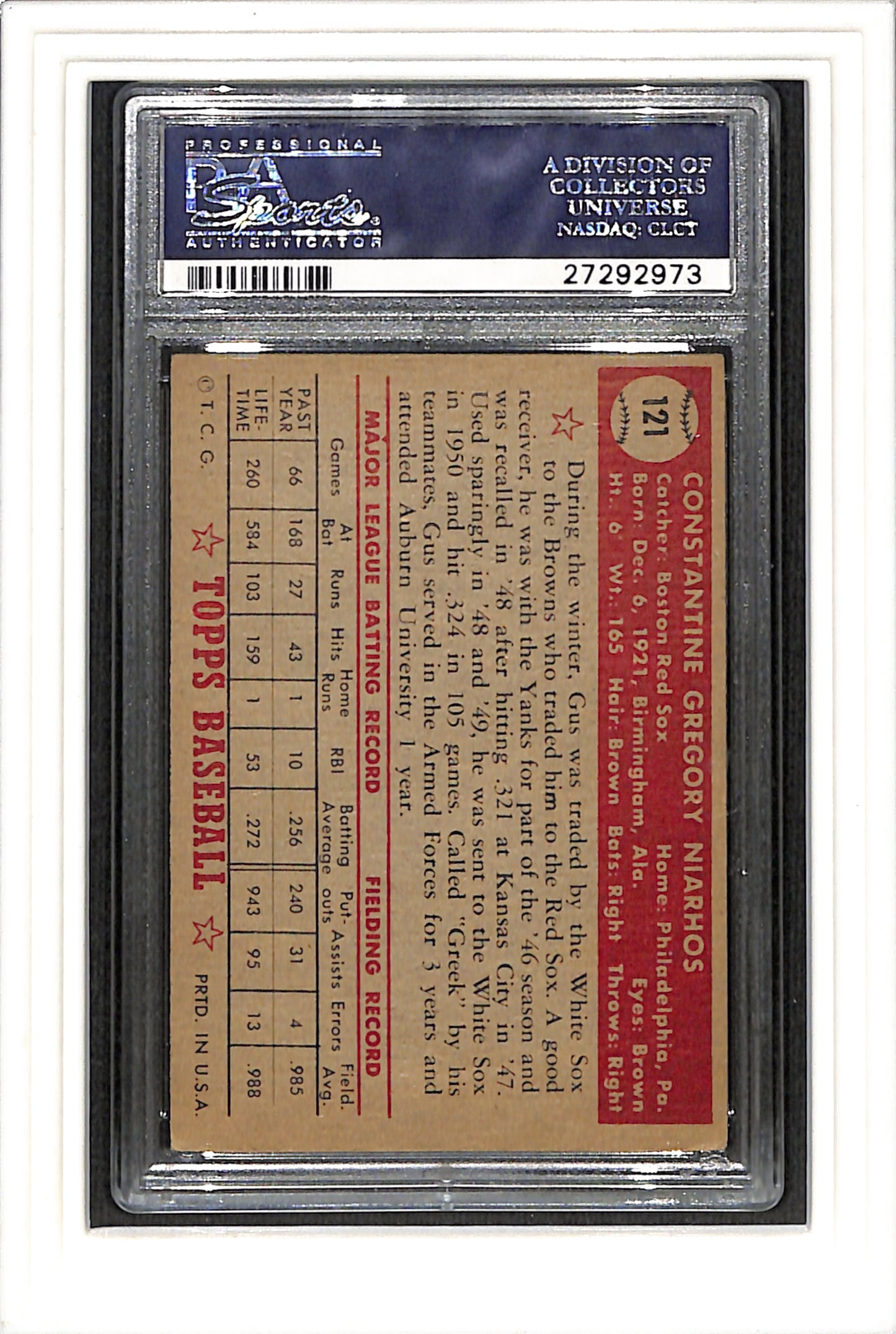 1952 Topps #121 Gus Niarhos PSA 3 SN 27292973