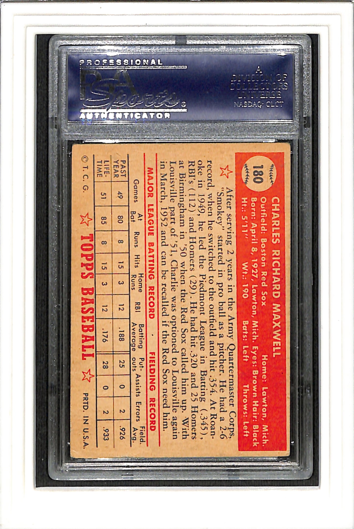 1952 Topps #180 Charlie Maxwell PSA DNA AUTO On Card PSA 2 SN 21897682