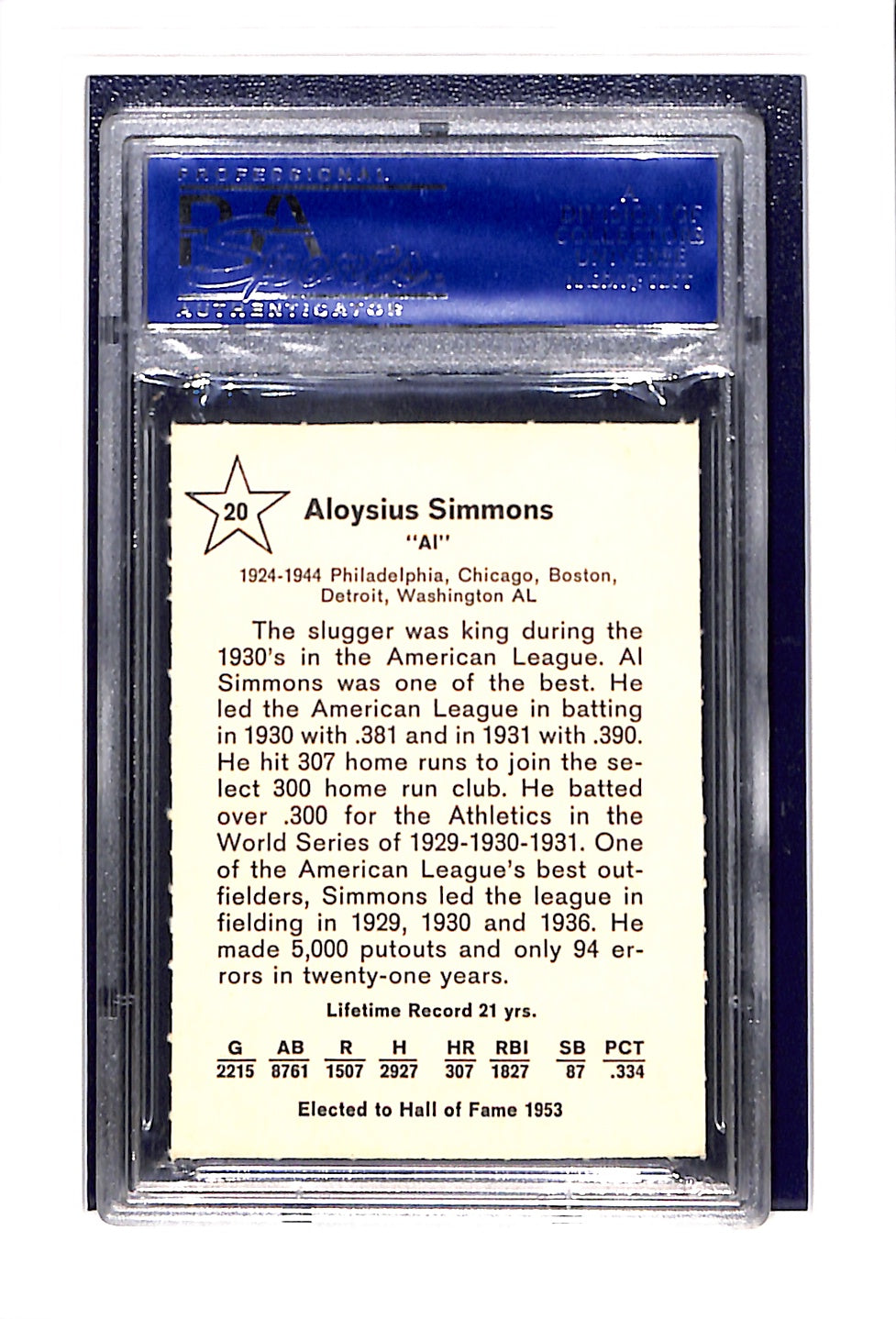 1961 Golden Press #20 Al Simmons PSA 9 Philadelphia Athletics SN 31237682