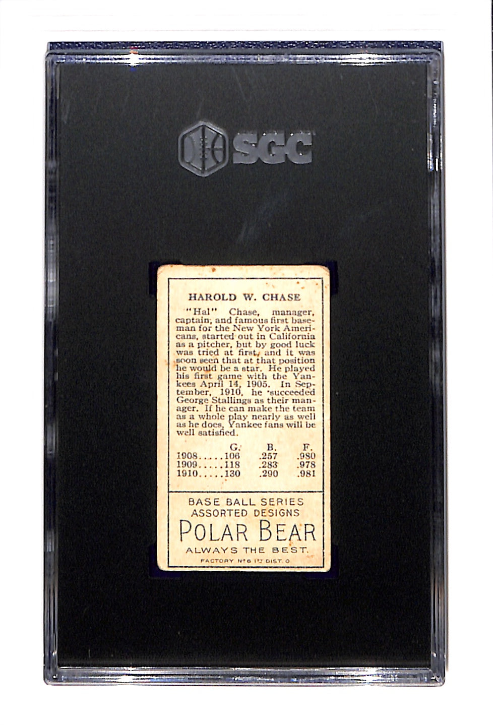 1911 T205 Hal Chase SGC 1.5 Both Ears Show Frame Extends Polar Bear