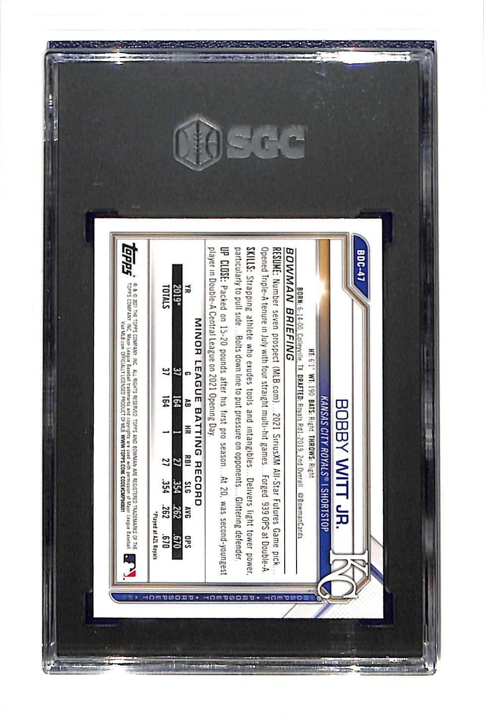 2021 Bowman Chrome Draft Sapphire BDC-47 Bobby Witt Jr SGC 9 SN 4974122